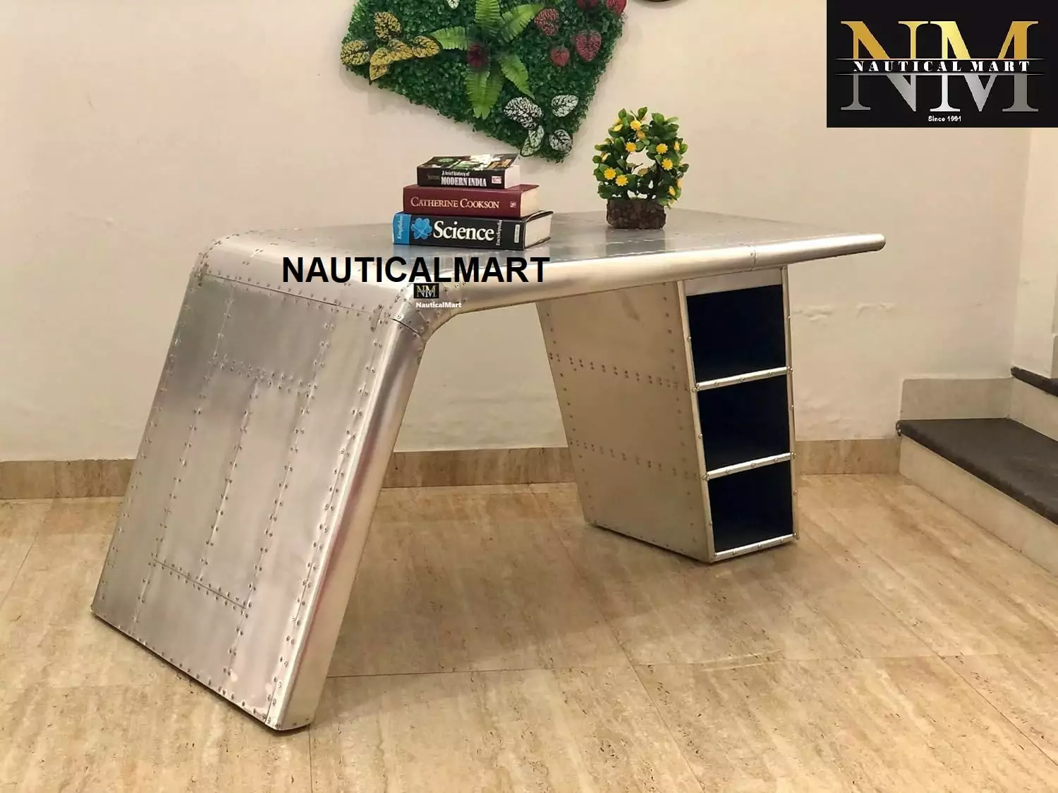 NauticalMart Aviator Wing Desk Aluminum Table Shelves 68 Inches Home Office Furniture Decor