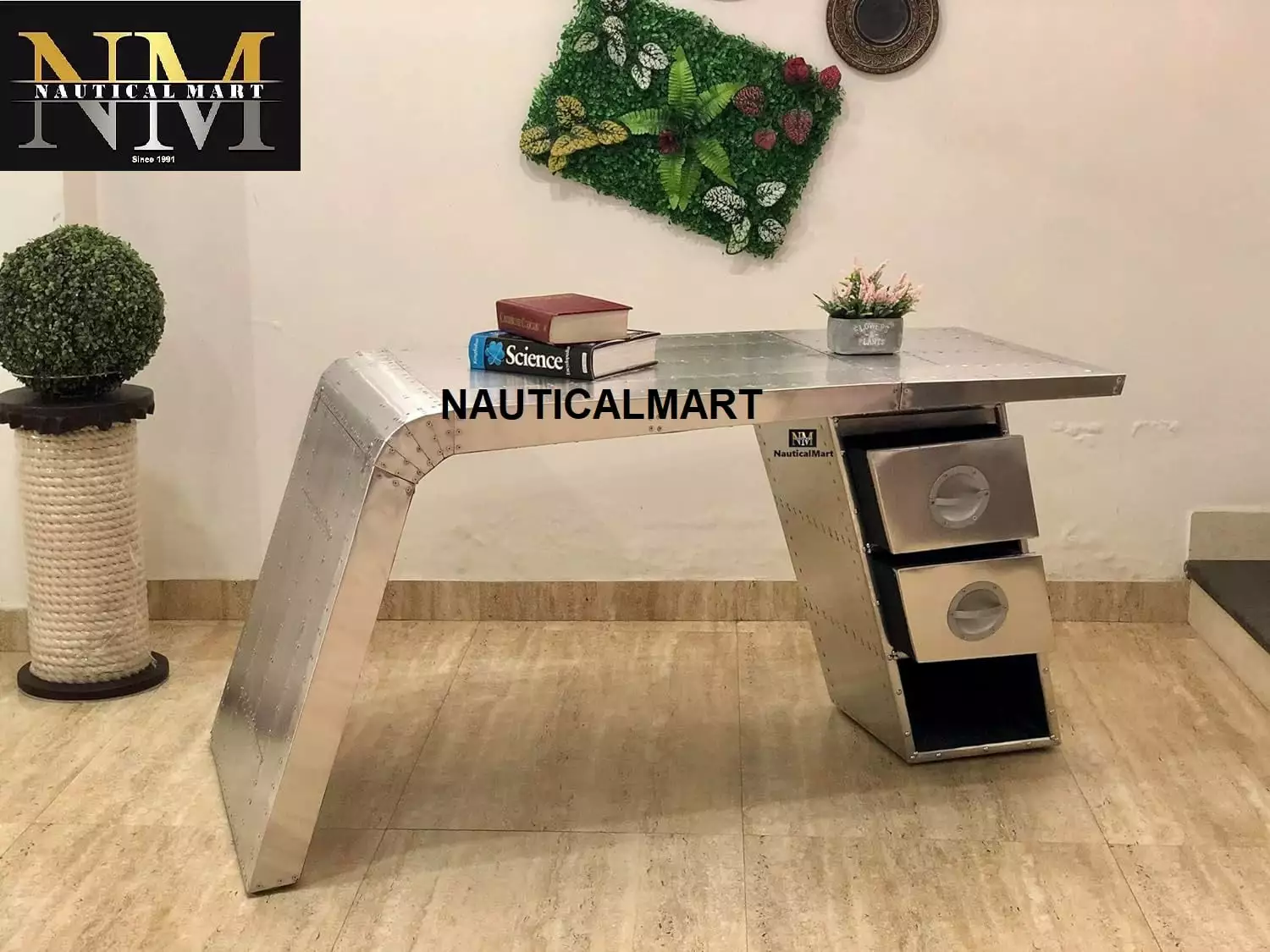 NauticalMart Aviator Wing Desk Aluminum Table Two Drawers 74 Inches Home Office Furniture Decor