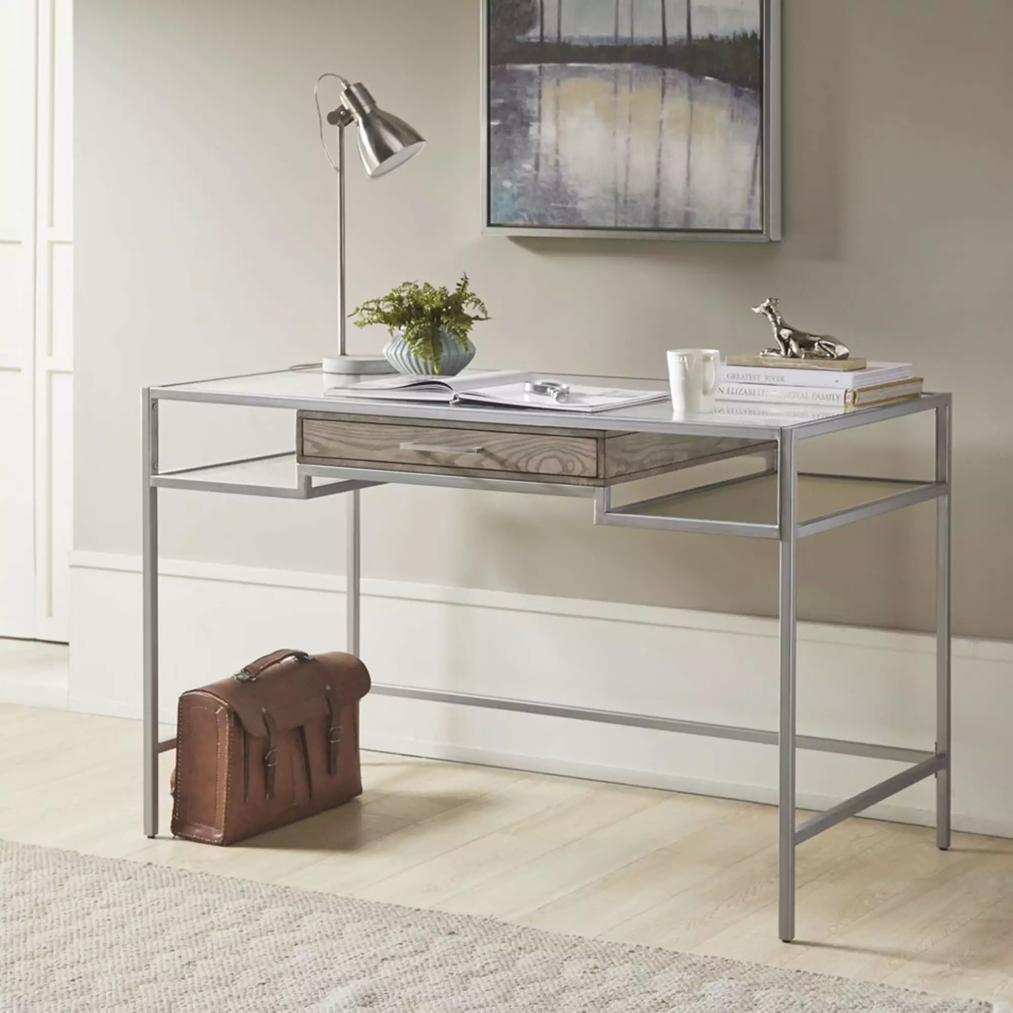 Madison Park Adela Tempered Glass and Metal Writing Desk Antique Silver OLLIIX