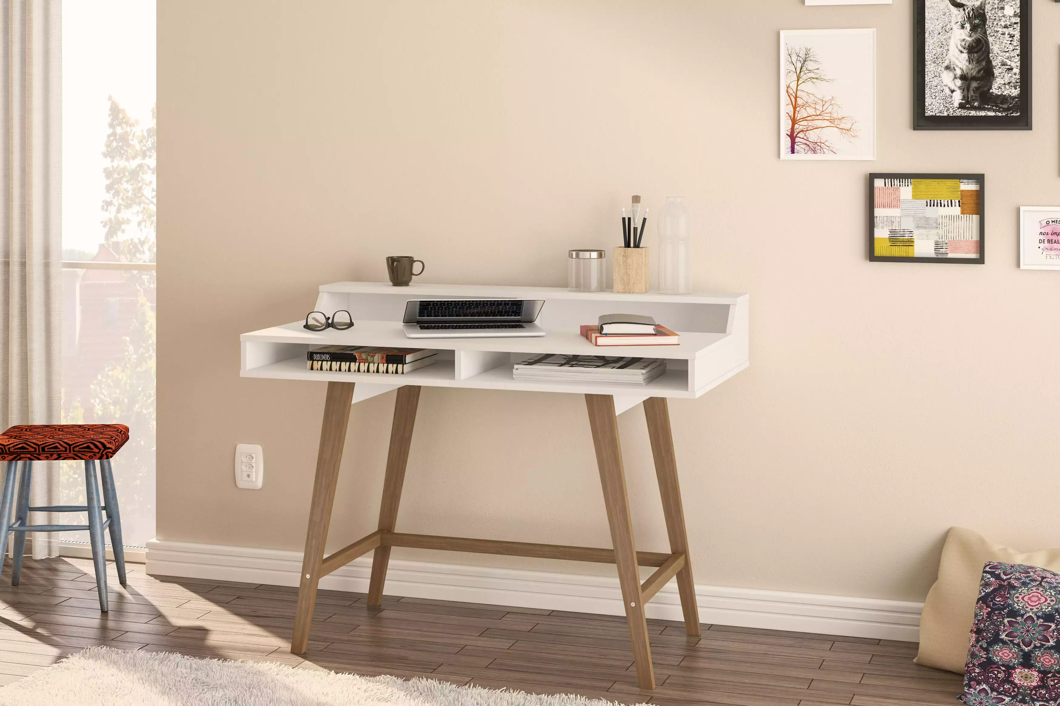 Polifurniture Hanover 45.5 Inch Modern Writing Desk Storage White Finish