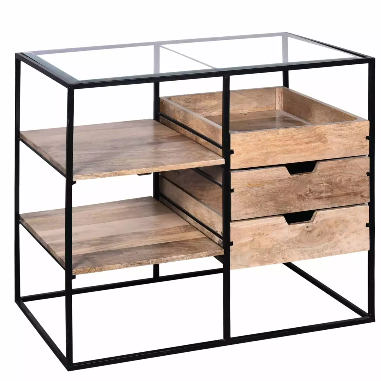35 Inch Handcrafted Modern Glass Table Storage Shelves and 3 Drawers, Natural Brown and Black Saltoro Sherpi