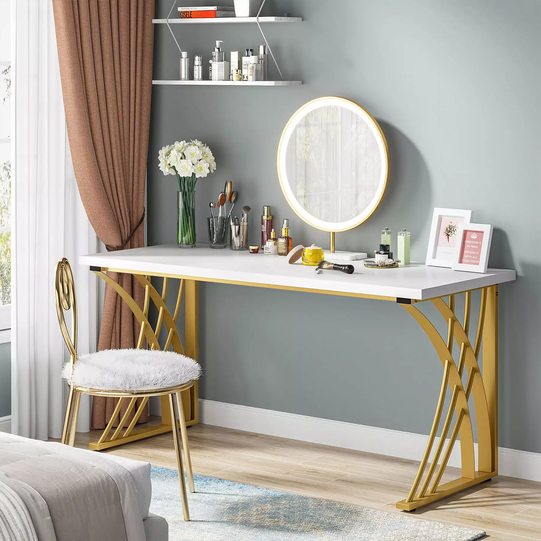 Tribesigns Modern Simple Style Computer Desk 55 Inch Gold Legs Industrial Makeup Vanity Table