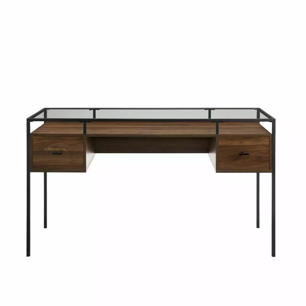 Fulton 56 2-Drawer Lifted Tempered Glass Top Desk Dark Walnut Walker Edison