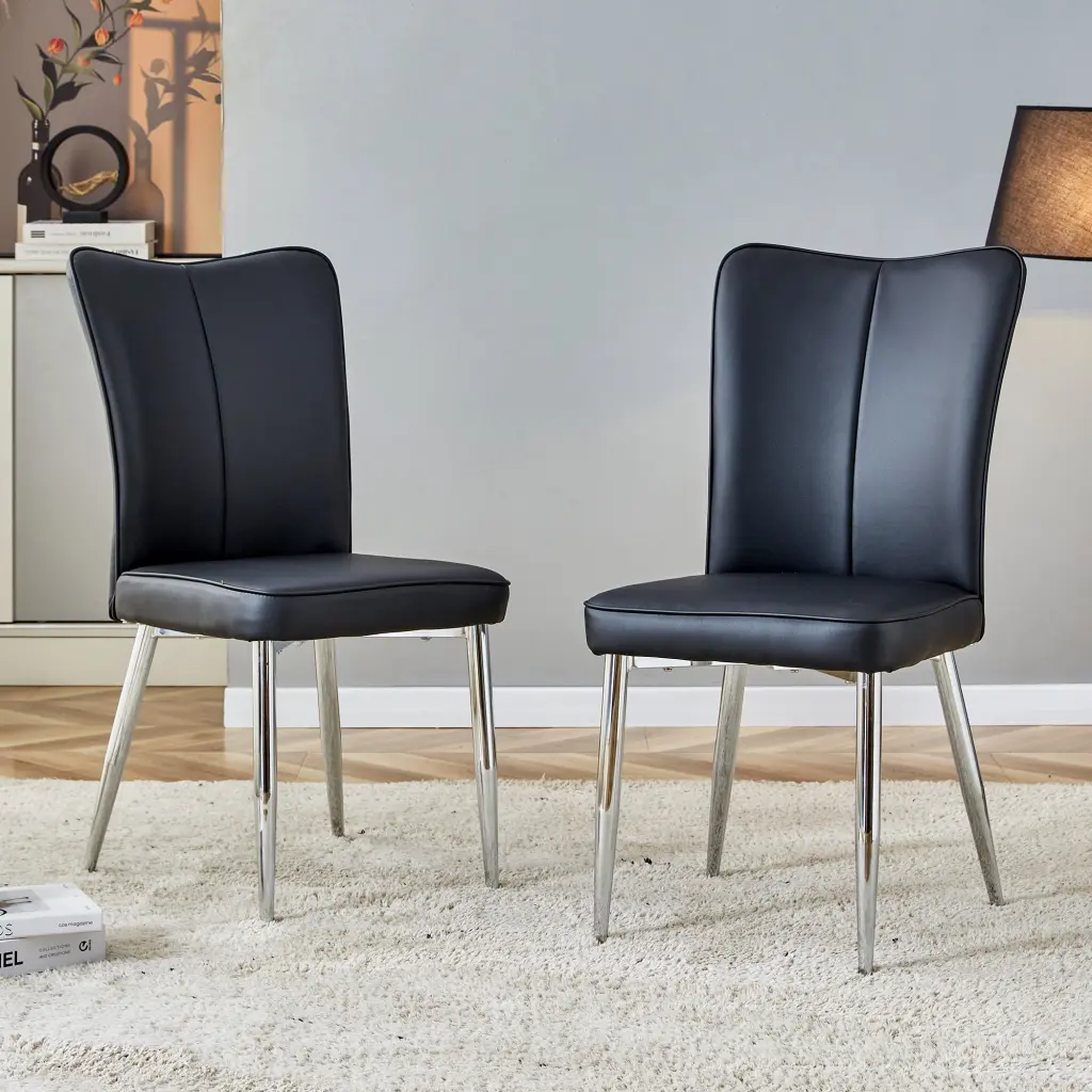 Modern Minimalist Dining Chairs Black PU Leather Curved Backrest rnb