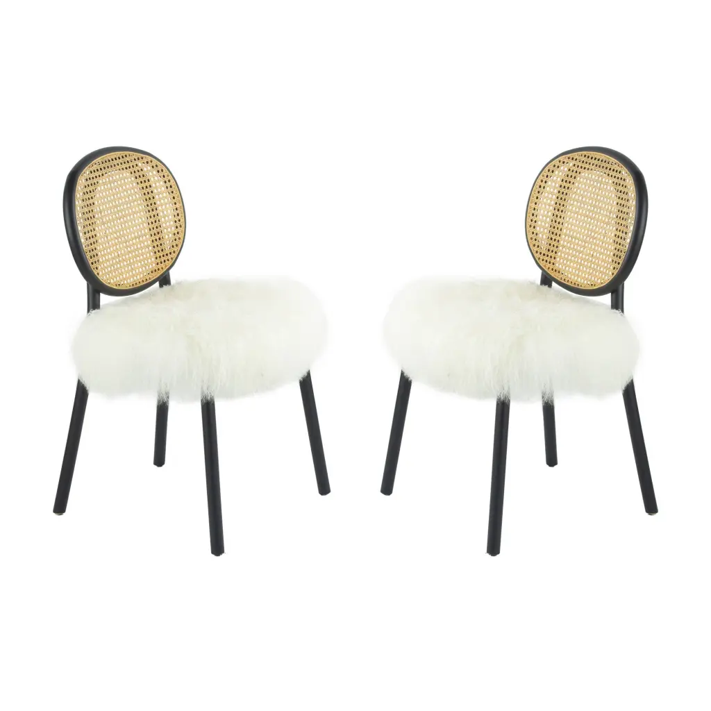 Ada 24 Inch Dining Chair Cane Rattan Back Fur Seat Set 2 Black Modern Kitchen Chairs royal hampton