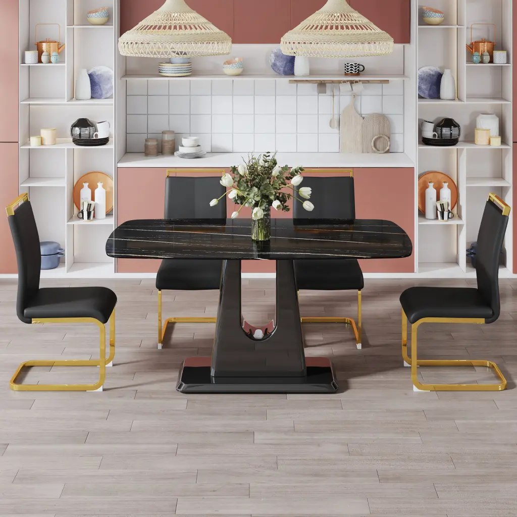 Modern Black Imitation Marble Dining Set - 1 Table and 4 Chairs Opulent Design droom w-1151