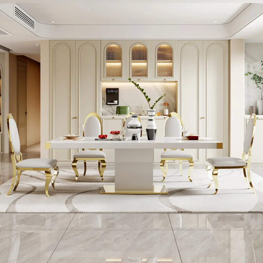 MDF Top Dining Table Gold Finish Corner - MDF Pillar and Gold Base w1311 artisan furniture