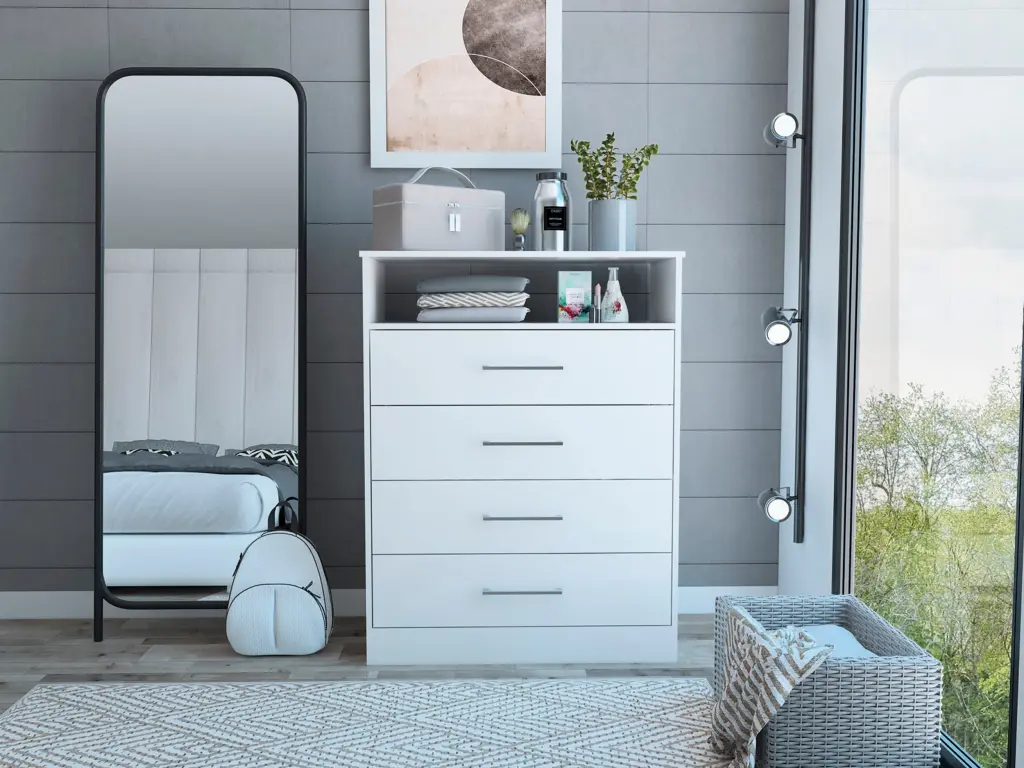 Continental Dresser High-Quality Top, Four Drawers, and One Shelf White tuhome