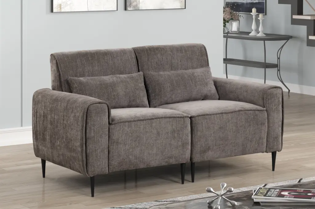 Valentina 62 Inch Gray Chenille Loveseat Metal Legs and Throw Pillows lilola home