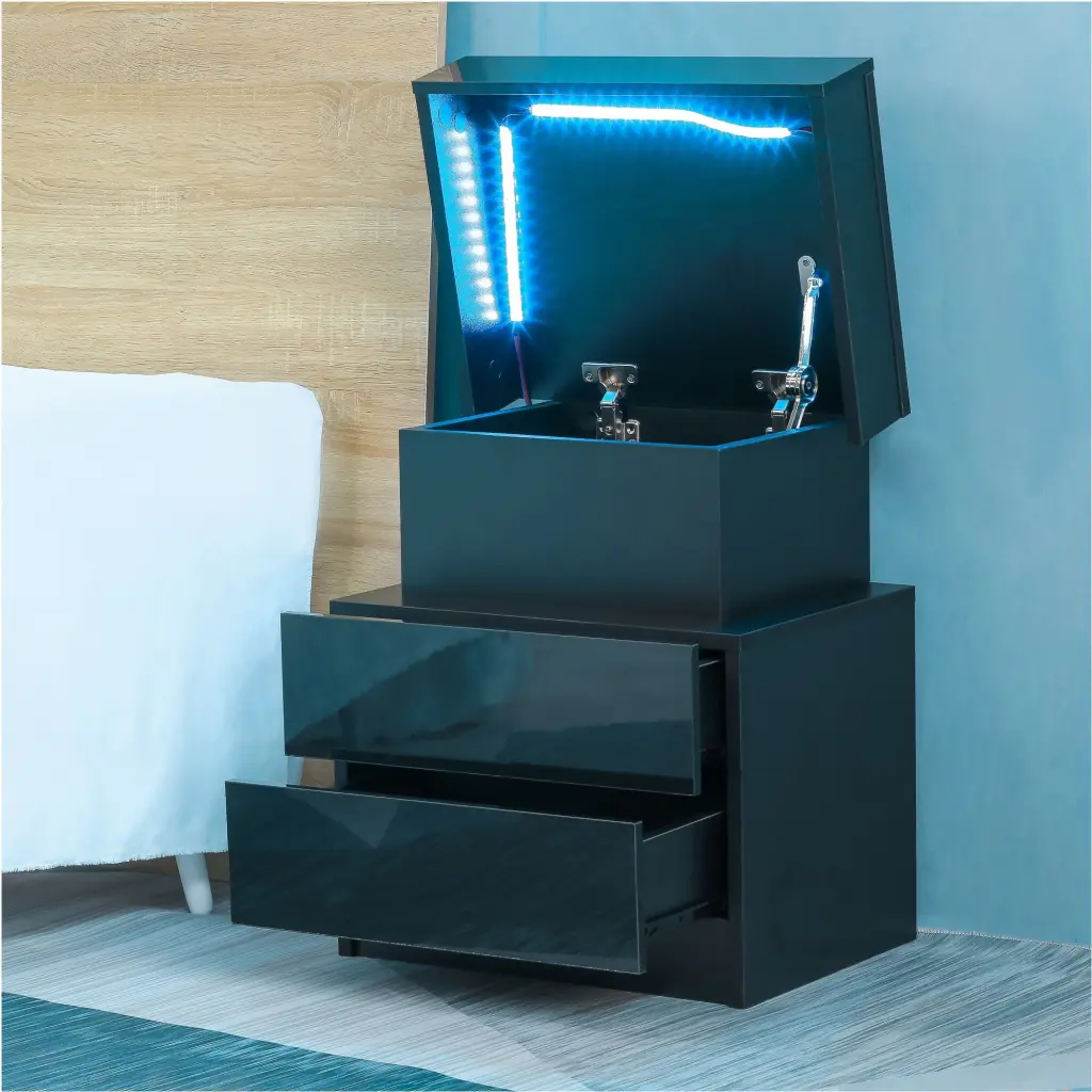 LED Nightstand Modern Black Nightstand LED Lights Wood Bedside Table zr furniture