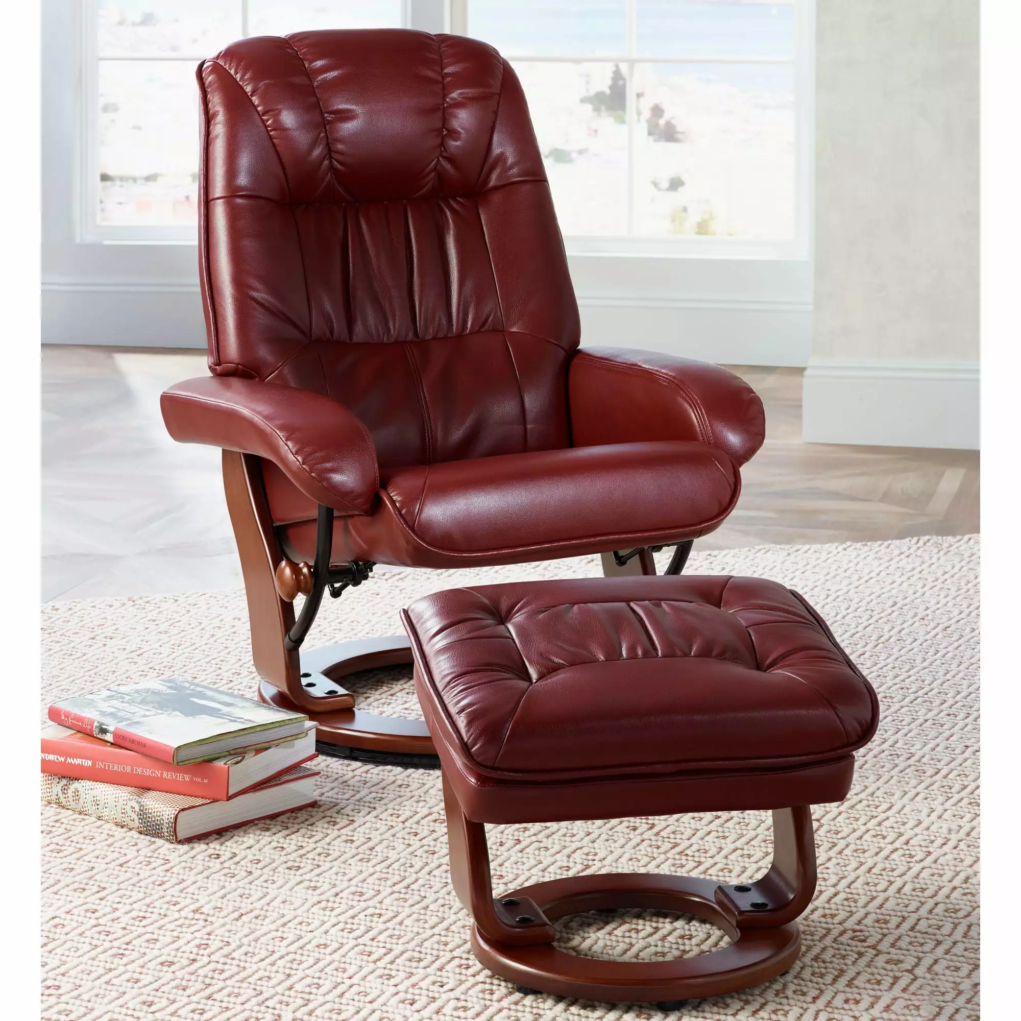 BenchMaster Kyle Ruby Red Faux Leather Recliner Chair Ottoman Footrest Living Room