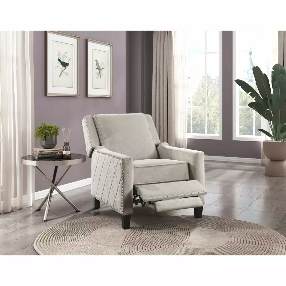 DeeHome Modern Reclining Chair Sand-Color Textured Fabric Upholstered Nailhead Trim Solid Wood Frame