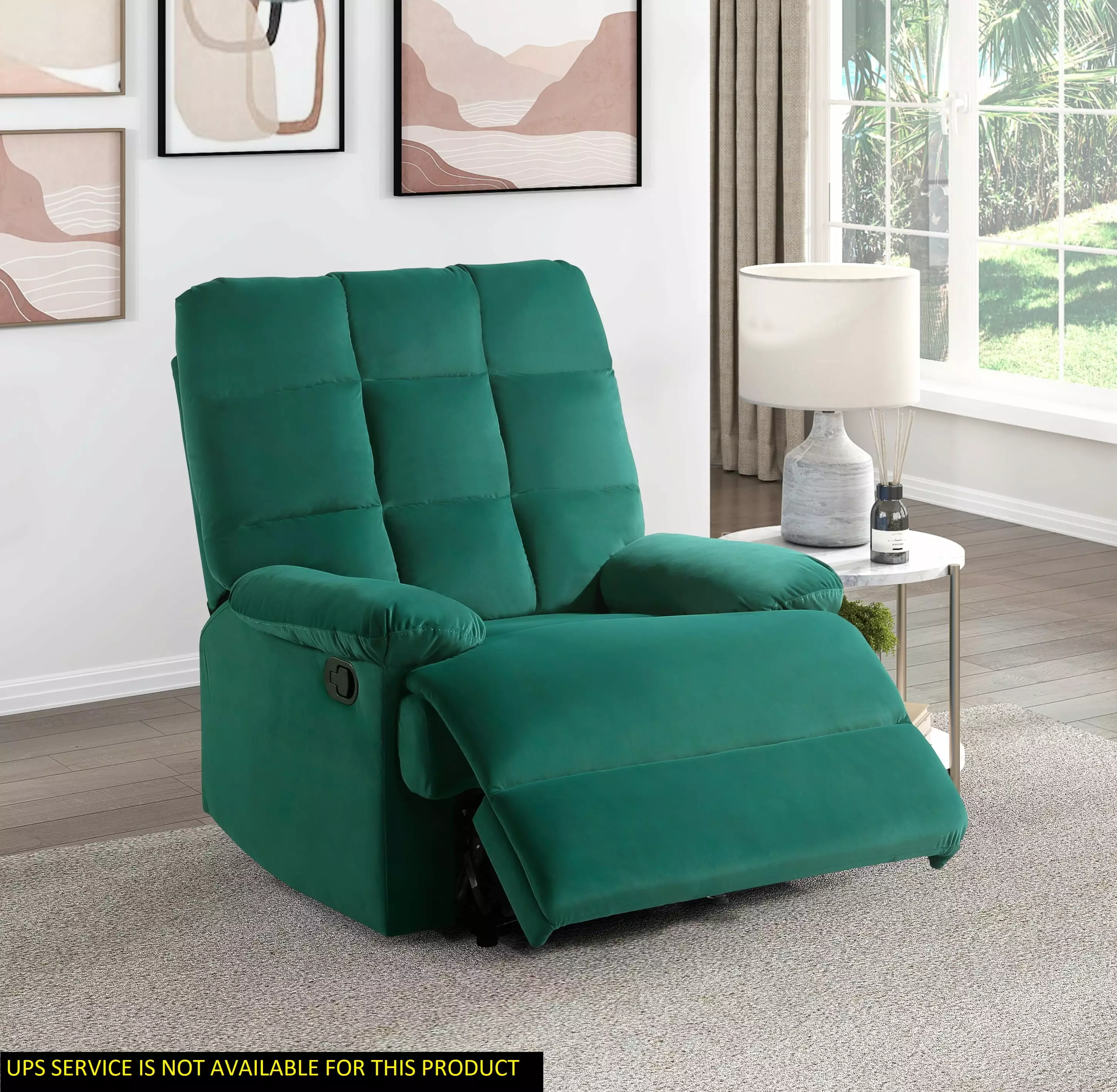 Green Velvet Upholstery Square Tufted Back Recliner Chair Pillowtop Arms and Solid Wood Frame Jamini