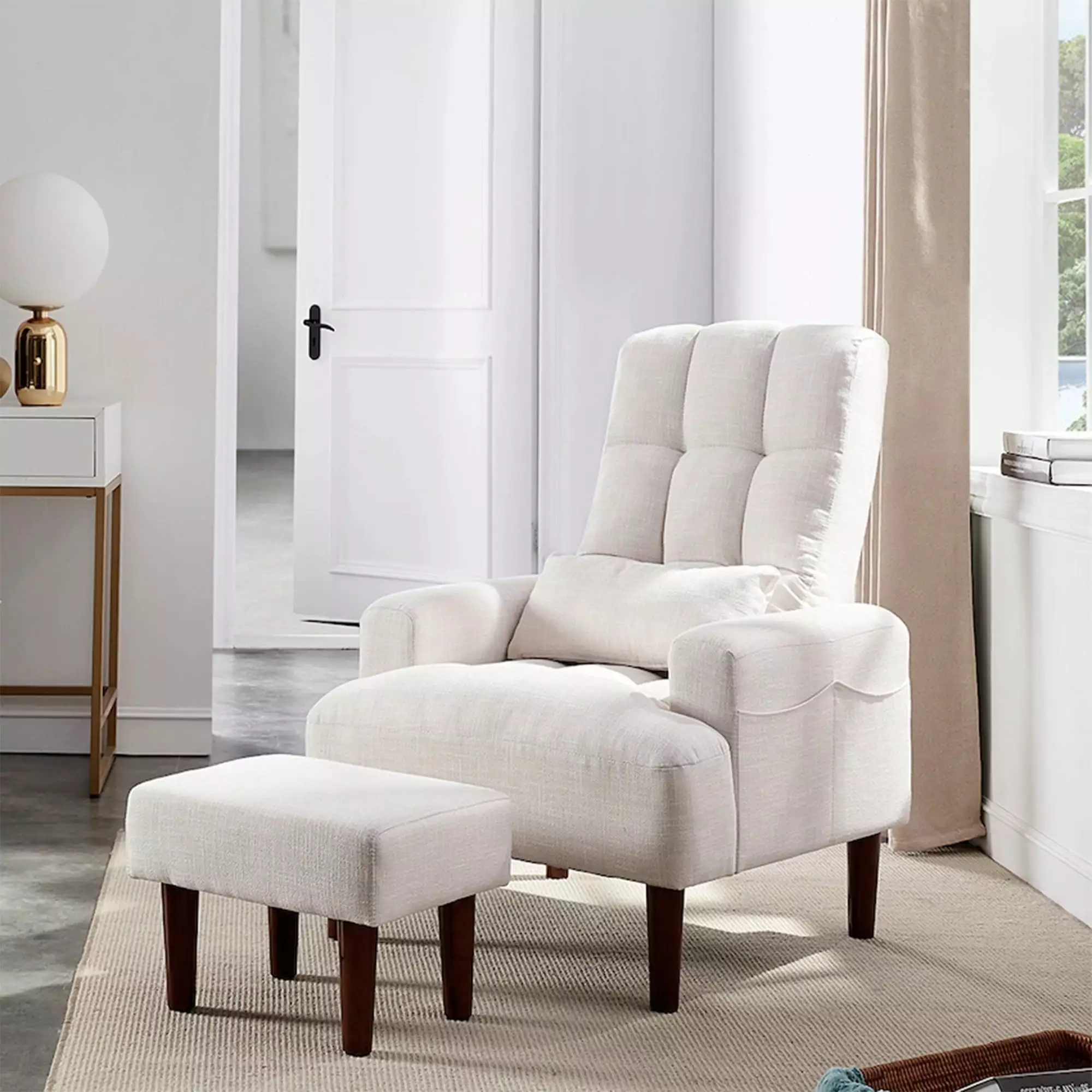 Modern Design Cream White Recliner Soft Cozy Sofa Chair Ottoman Miekor