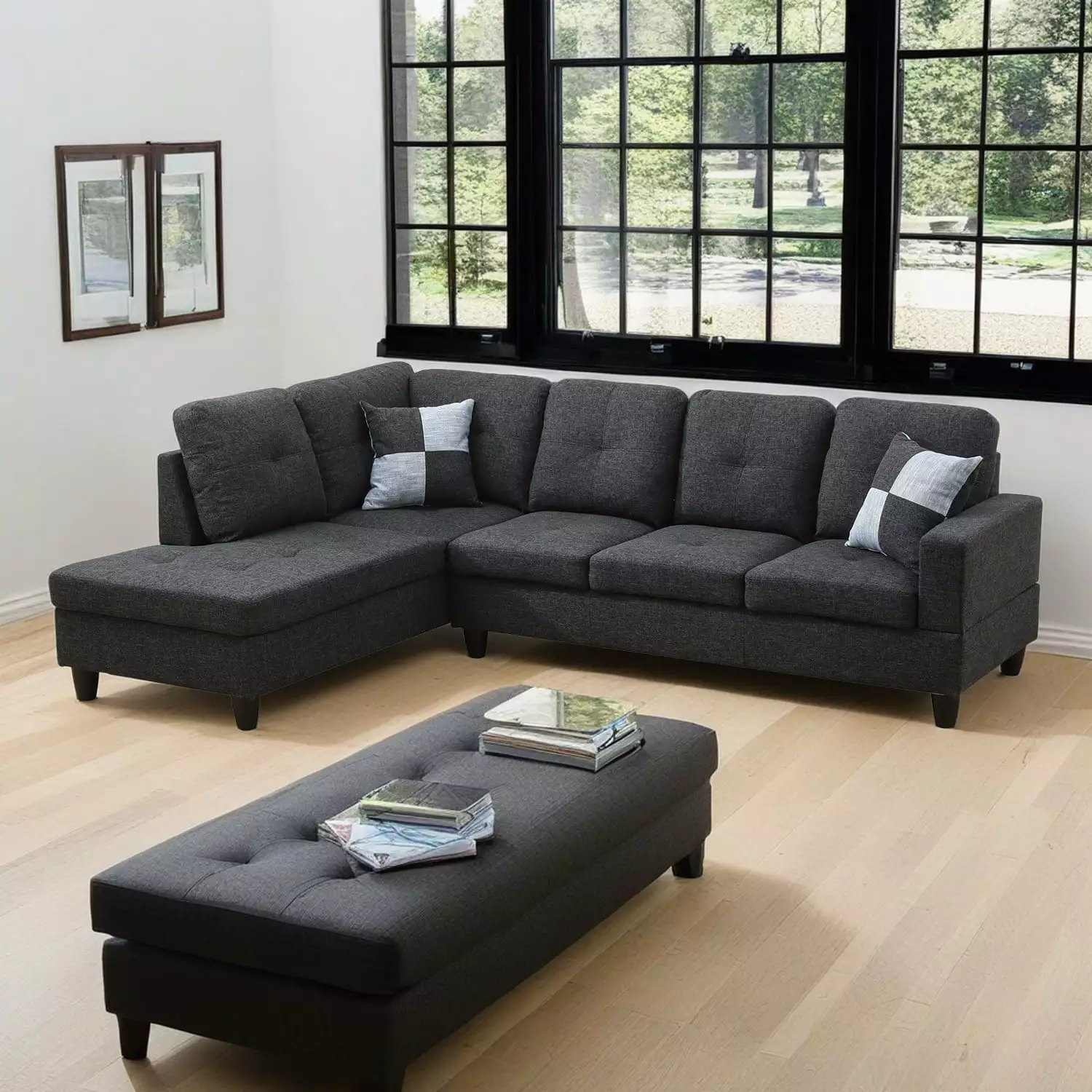 Hommoo Modern Linen Sectional Couch Sofa Set Black Grey 17.5 Back Height