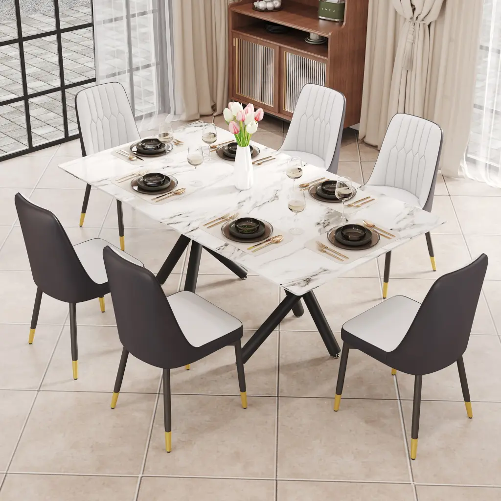 Rectangular Dining Table White Imitation Marble Top and 6 Chairs droom w-1151