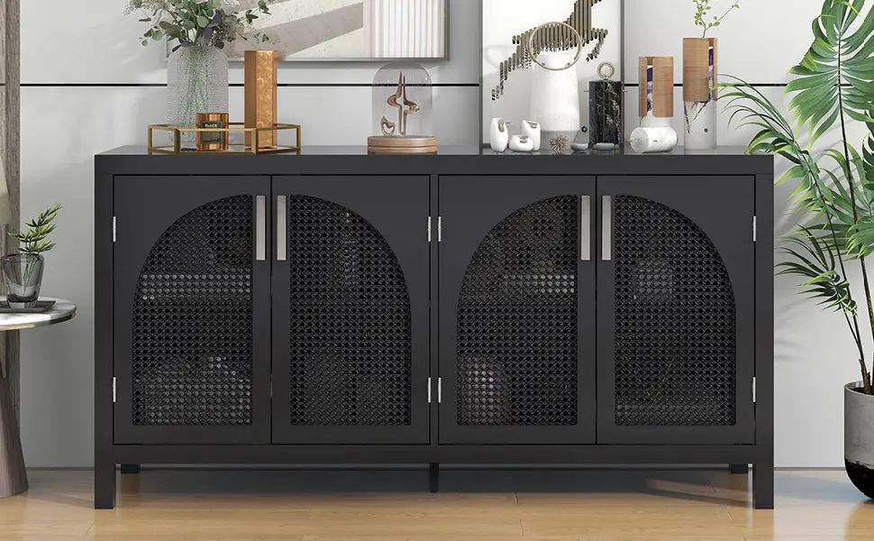Large Storage Space Sideboard Artificial Rattan Door And Metal Handles trexm