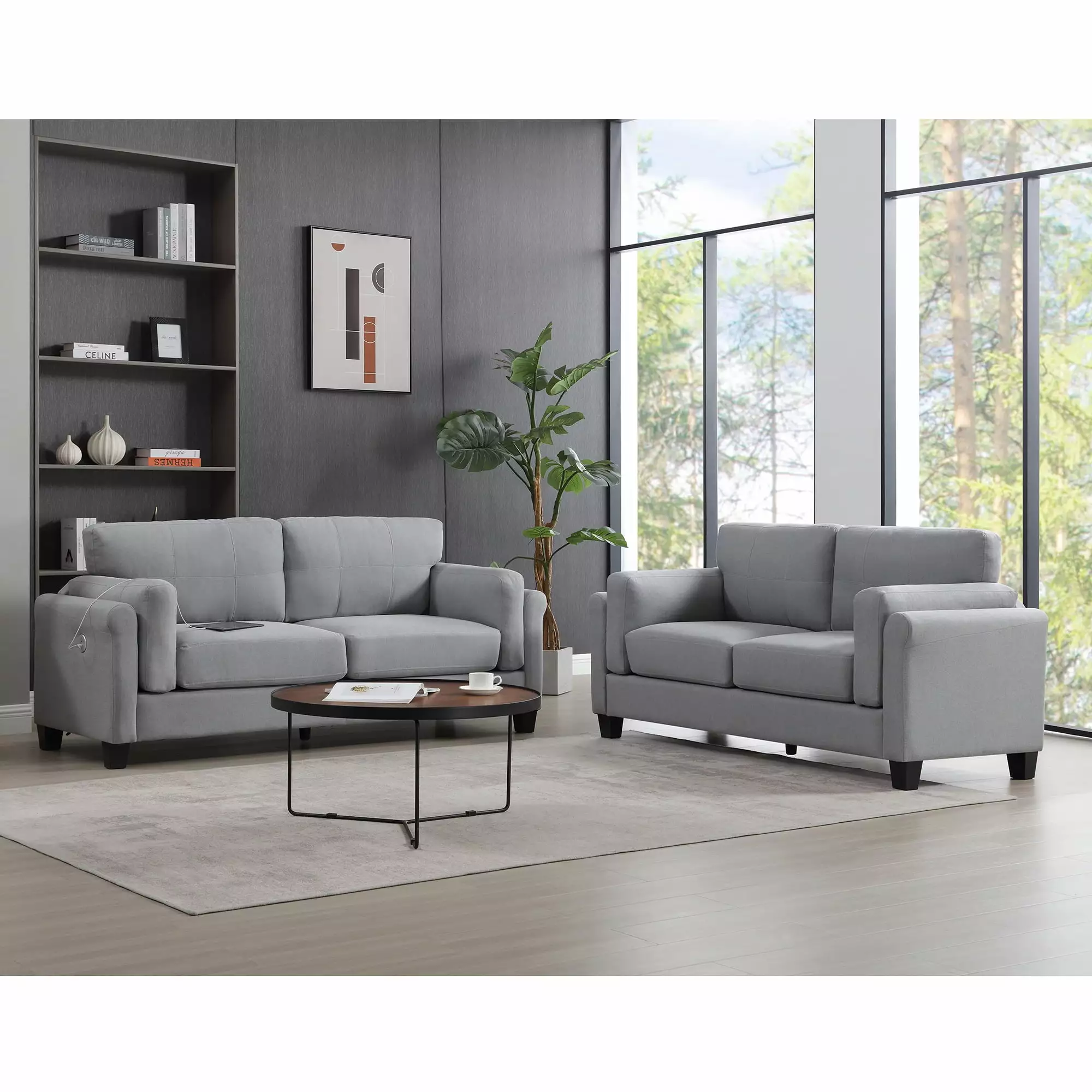 Gexpusm Modern 2 Piece Sofa Set Upholstered Double Arm Sofa USB and Type-C Charging Port Gray