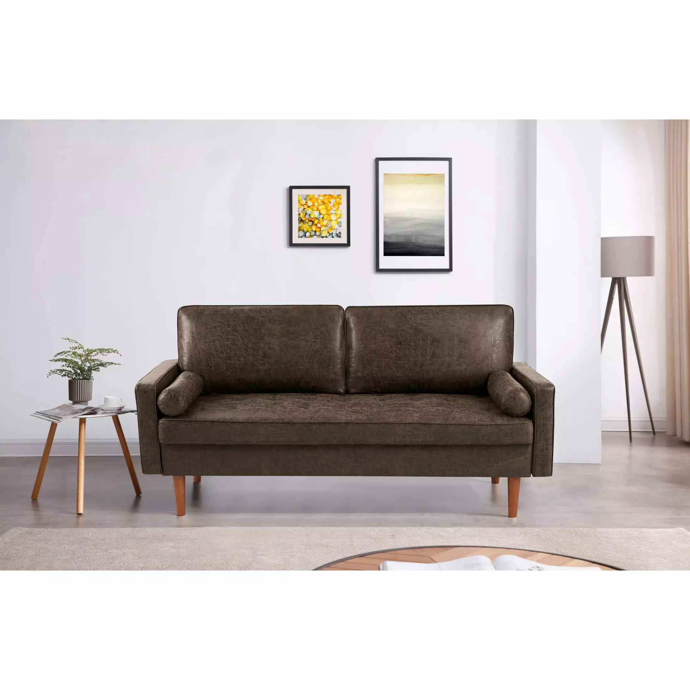 Mid Century Modern Sofa Button Tufted Seat Cushion and Track Armrest - Includes 2 Bolster Pillows CNCJ