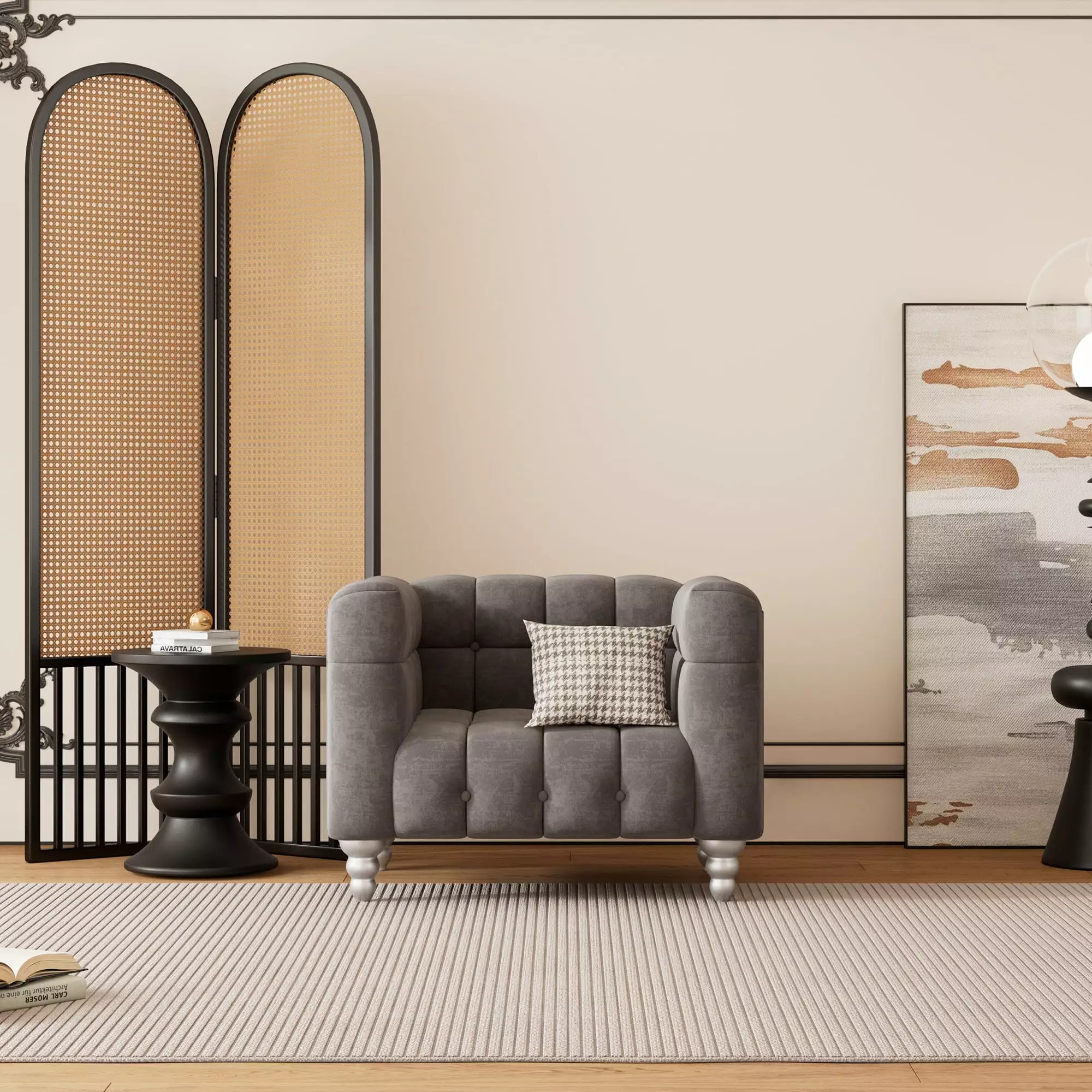 42 Modern Dutch Fluff Upholstered Sofa Solid Wood Legs and Buttoned Tufted Backrest - Gray CNCJ