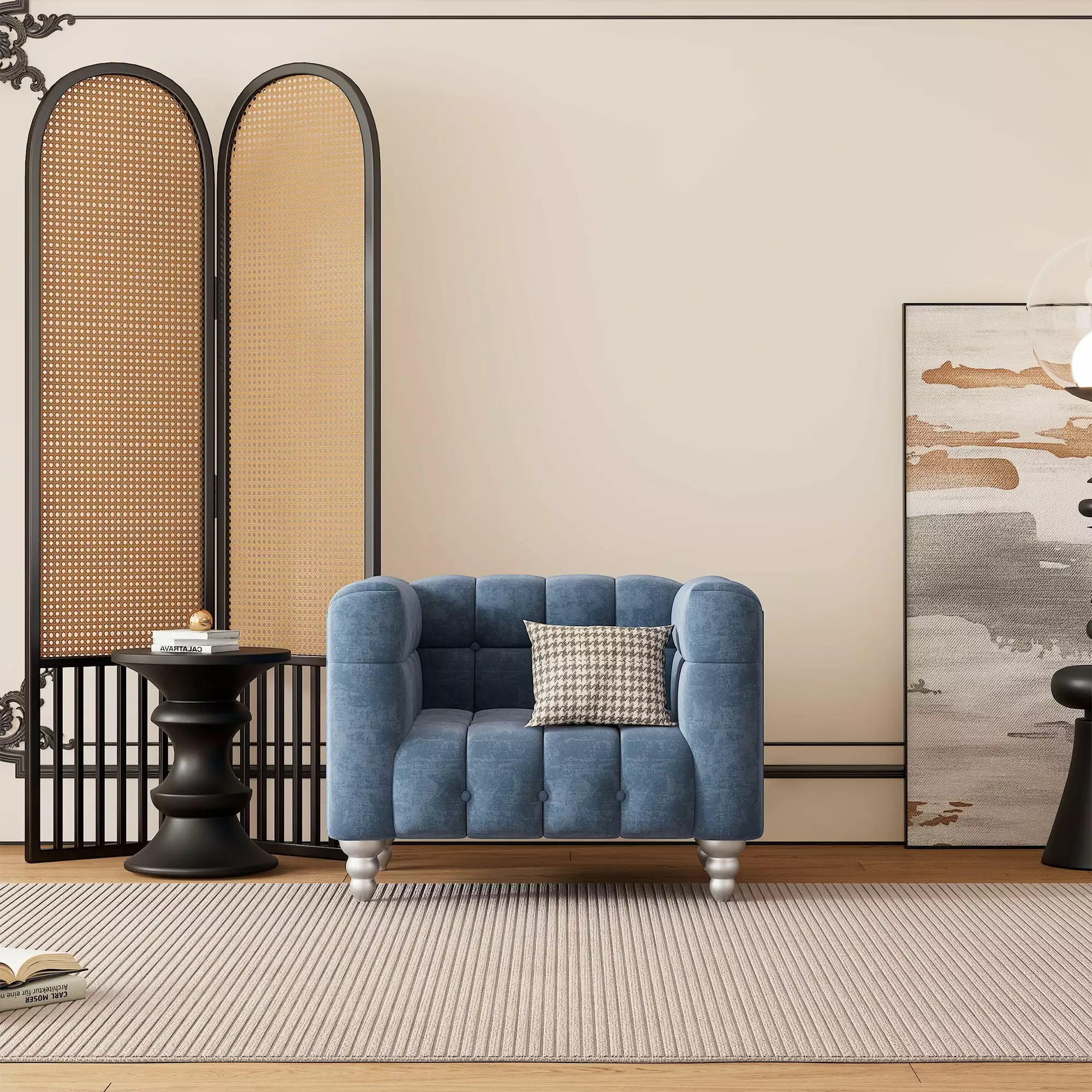42 Modern Dutch Fluff Upholstered Sofa Solid Wood Legs and Buttoned Tufted Backrest - Blue CNCJ