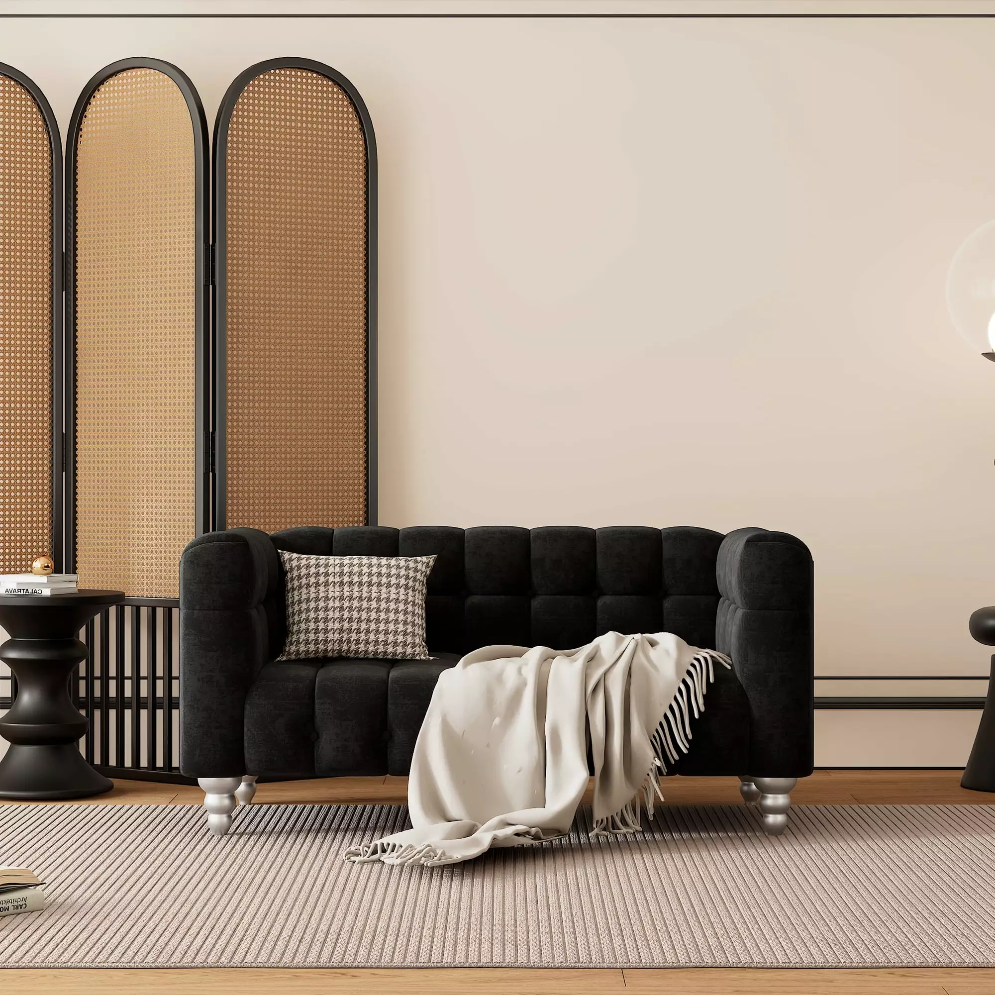 CoSoTower 63 Modern Sofa Dutch Fluff Upholstered Sofa Solid Wood Legs Buttoned Tufted Backrest Black