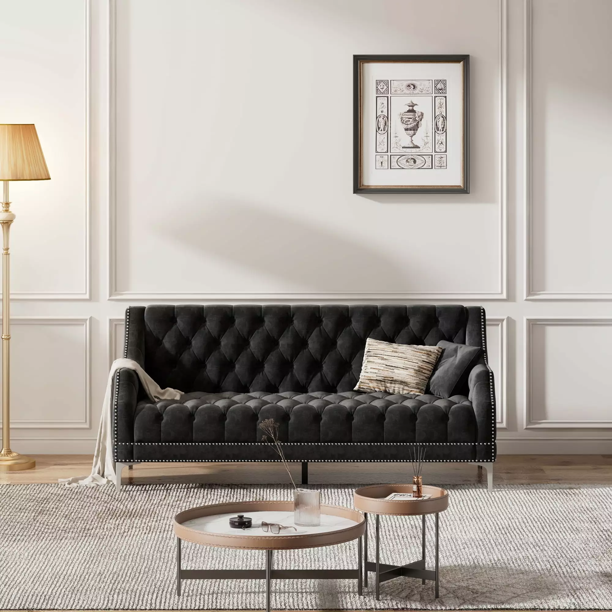DeeHome 78 Modern Sofa Dutch Plush Upholstered Sofa Metal Legs Button Tufted Back Black