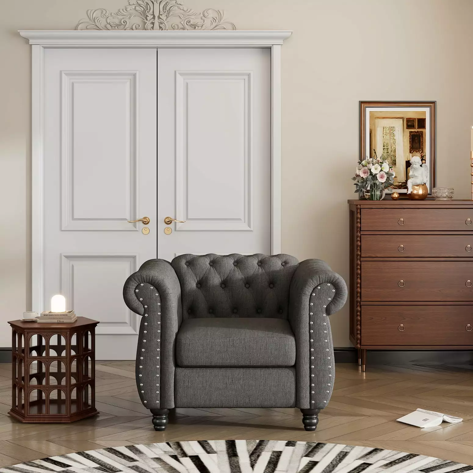 Compact Gray Dutch Plush Upholstered Modern Sofa Elegant Buttoned Tufted Backrest and Sturdy Wood Legs HATNOKIL