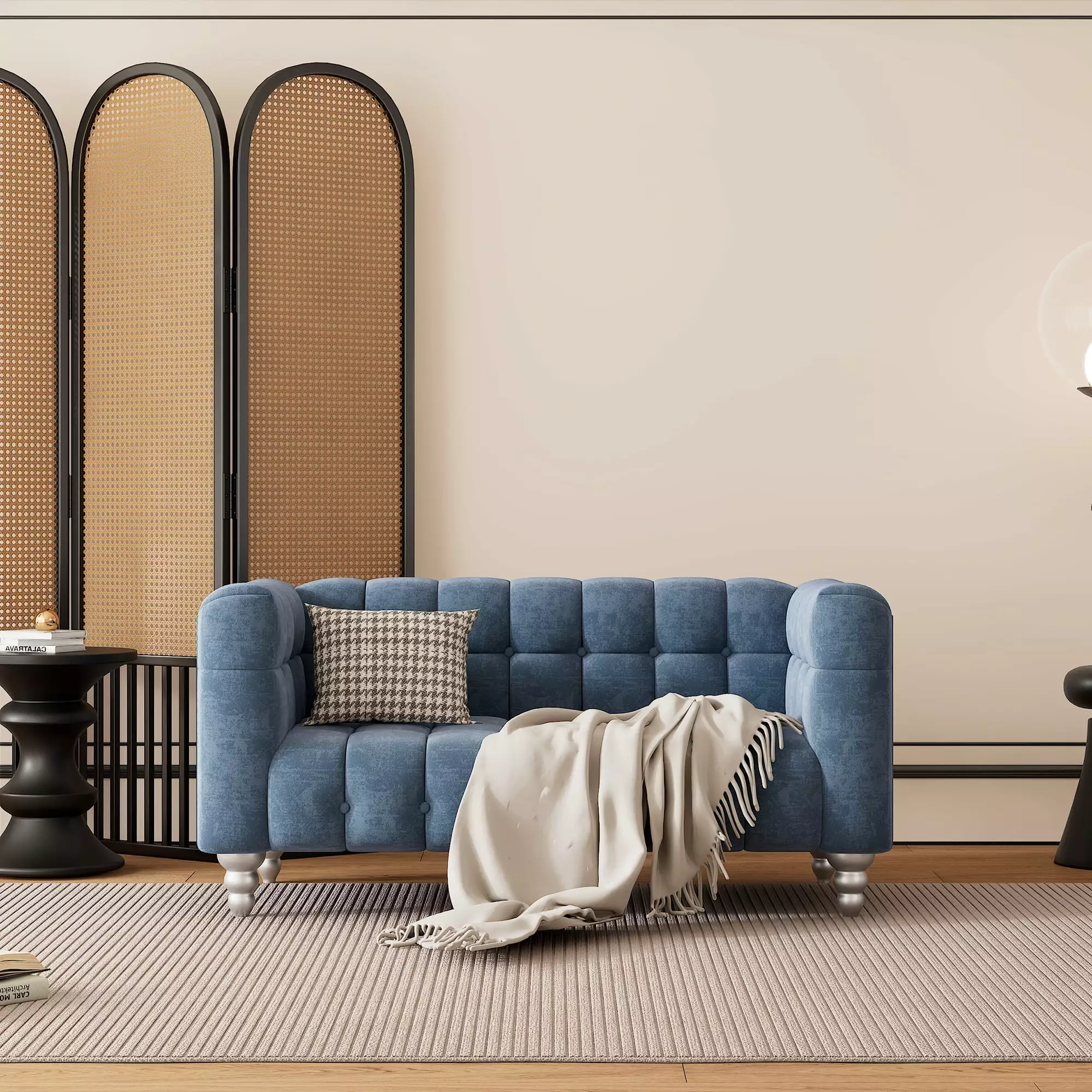 Homiyad 63 Modern Sofa Dutch Fluff Upholstered Sofa Solid Wood Legs Buttoned Tufted Backrest Blue