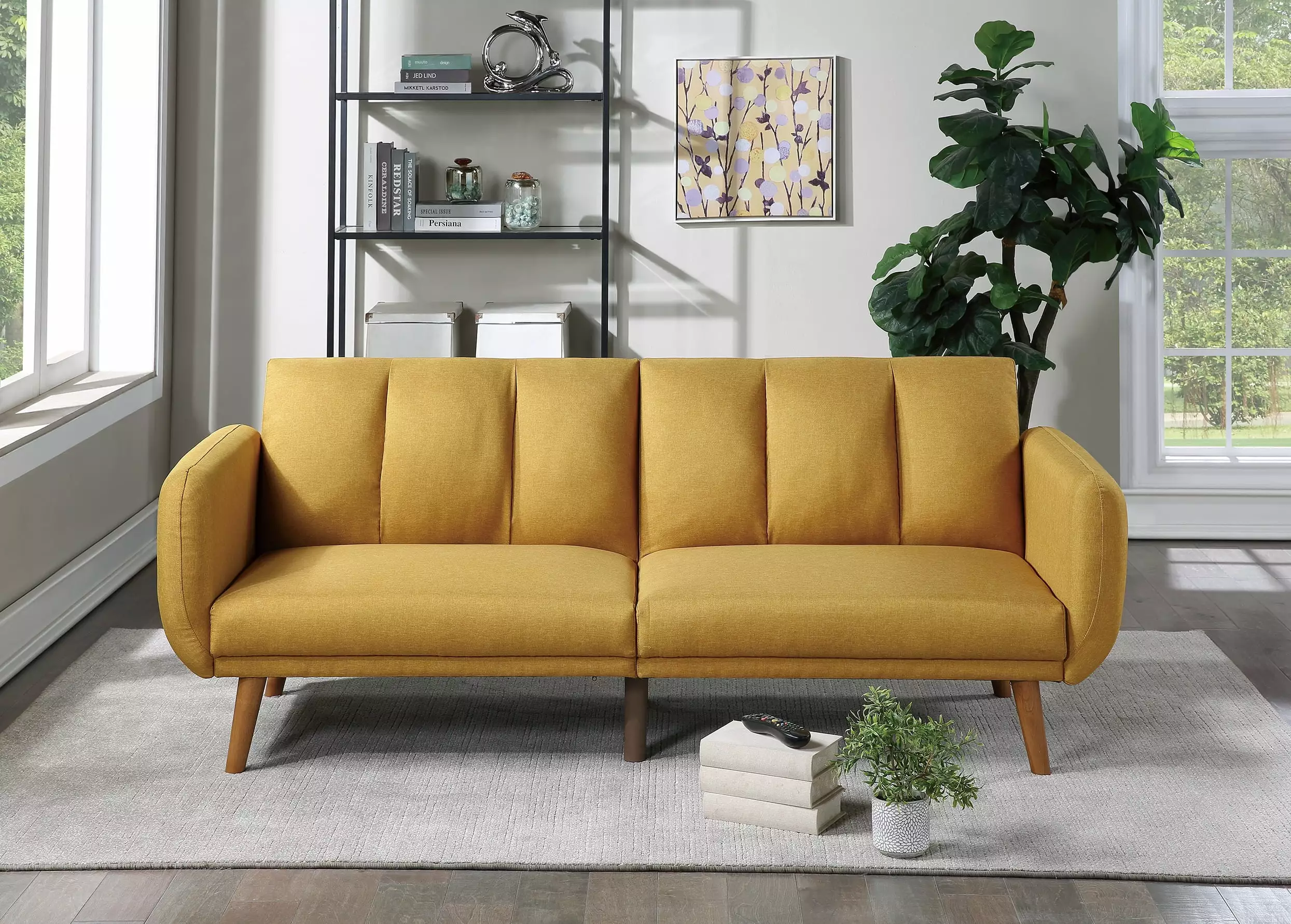 ikayaa Elegant Modern Mustard Color Polyfiber Sofa Convertible Bed Wooden Legs