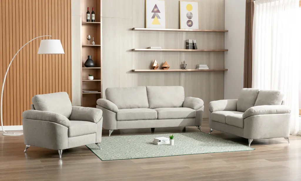 Contemporary Living Room Gray Sofa Metal Legs and Plywood Construction kanepe