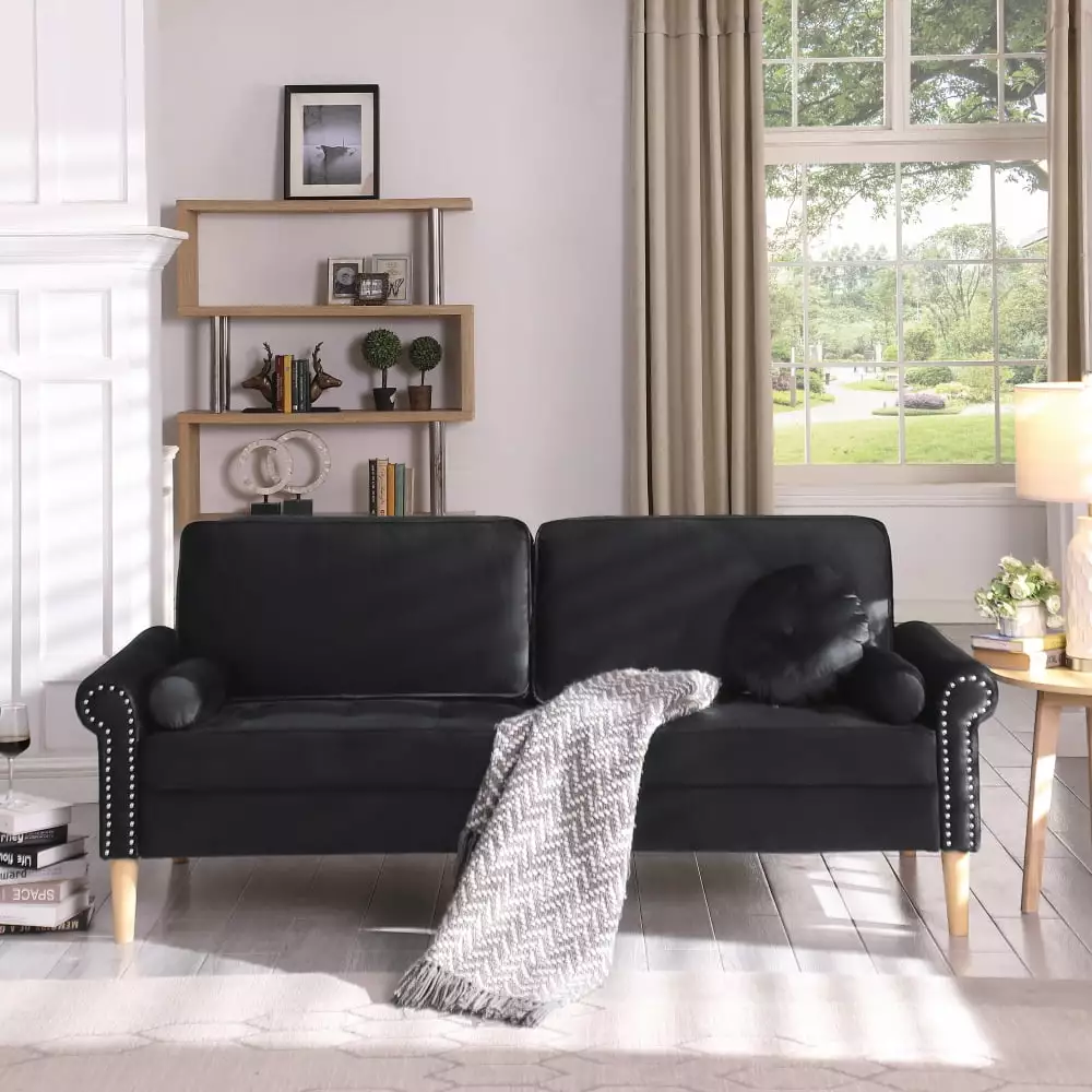 Modern 3-Seater Sofa Rubber Wood Legs and Tufted Button Design Kojooin