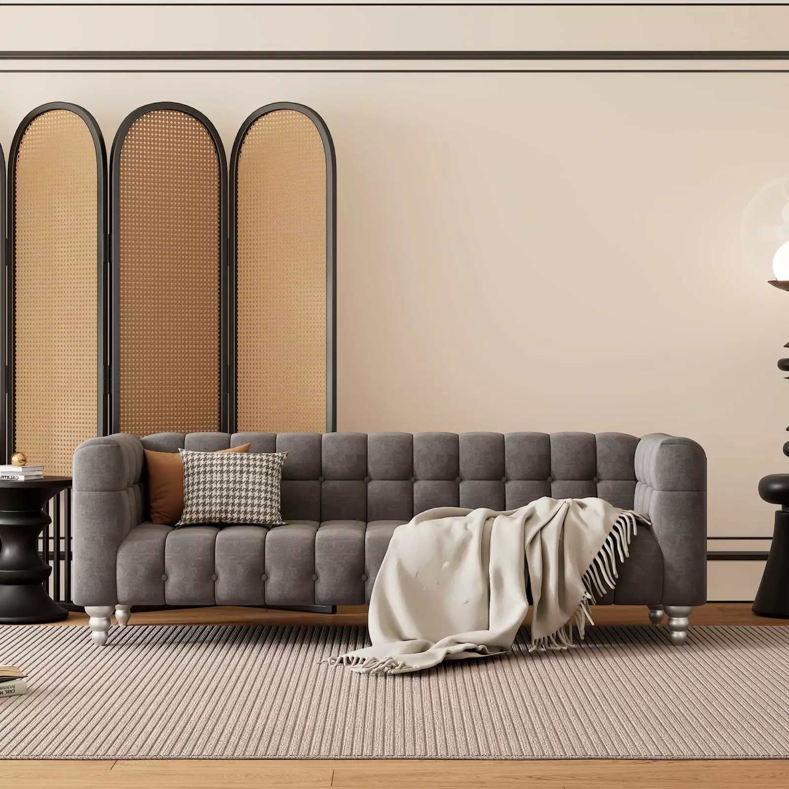 89 Modern Sofa - Dutch Fluff Upholstered Sofa Solid Wood Legs and Buttoned Tufted Backrest Gray Miekor