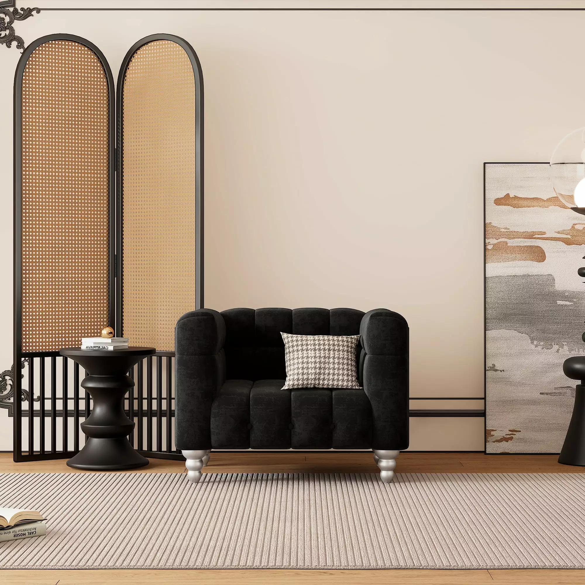 42 Modern Dutch Fluff Upholstered Sofa Solid Wood Legs and Buttoned Tufted Backrest OMCCHK