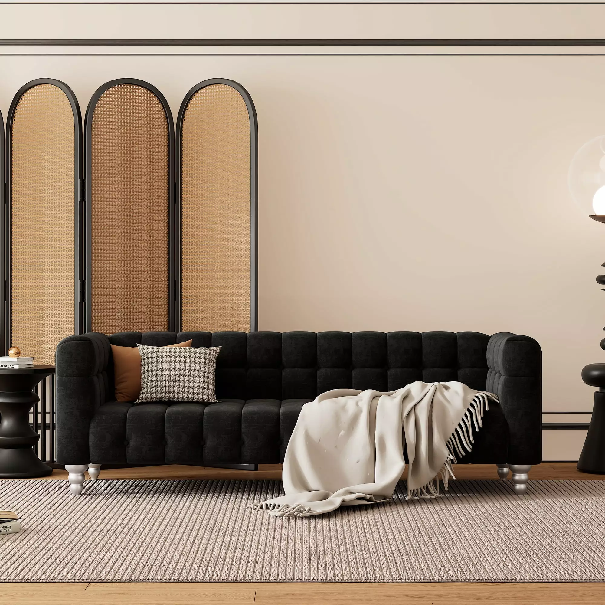 89 Modern Sofa Dutch Fluff Upholstered Sofa Solid Wood Legs Buttoned Tufted Backrest Black OMCCHK