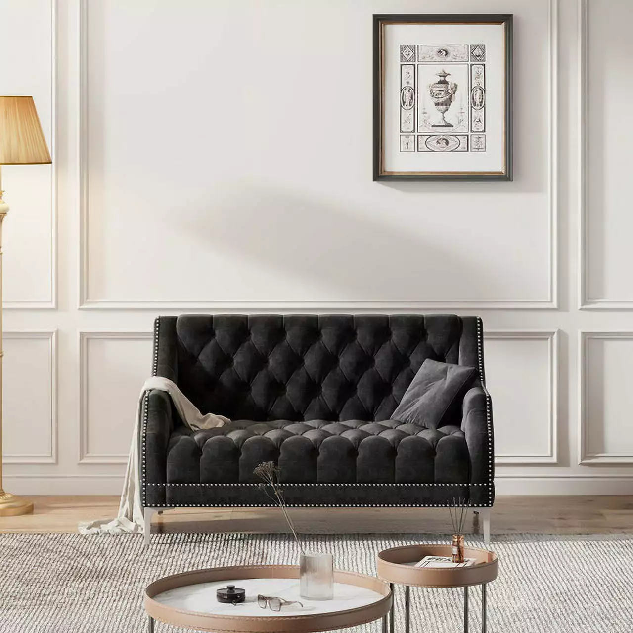 55.5 Chic Black Modern Sofa Dutch Plush Design Metal Legs Button Tufted Comfort Ideal Living Room Bedroom & Studio Furnitu...
