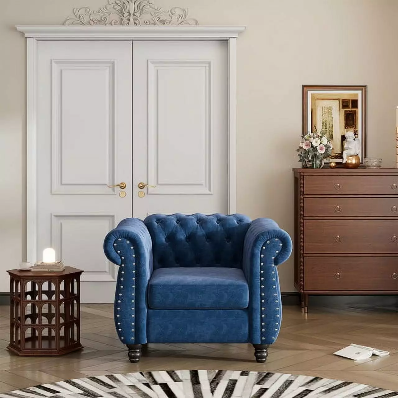 Elegant 39 Modern Dutch Plush Upholstered Sofa Blue Solid Wood Legs and Buttoned Tufted Backrest Ponnky