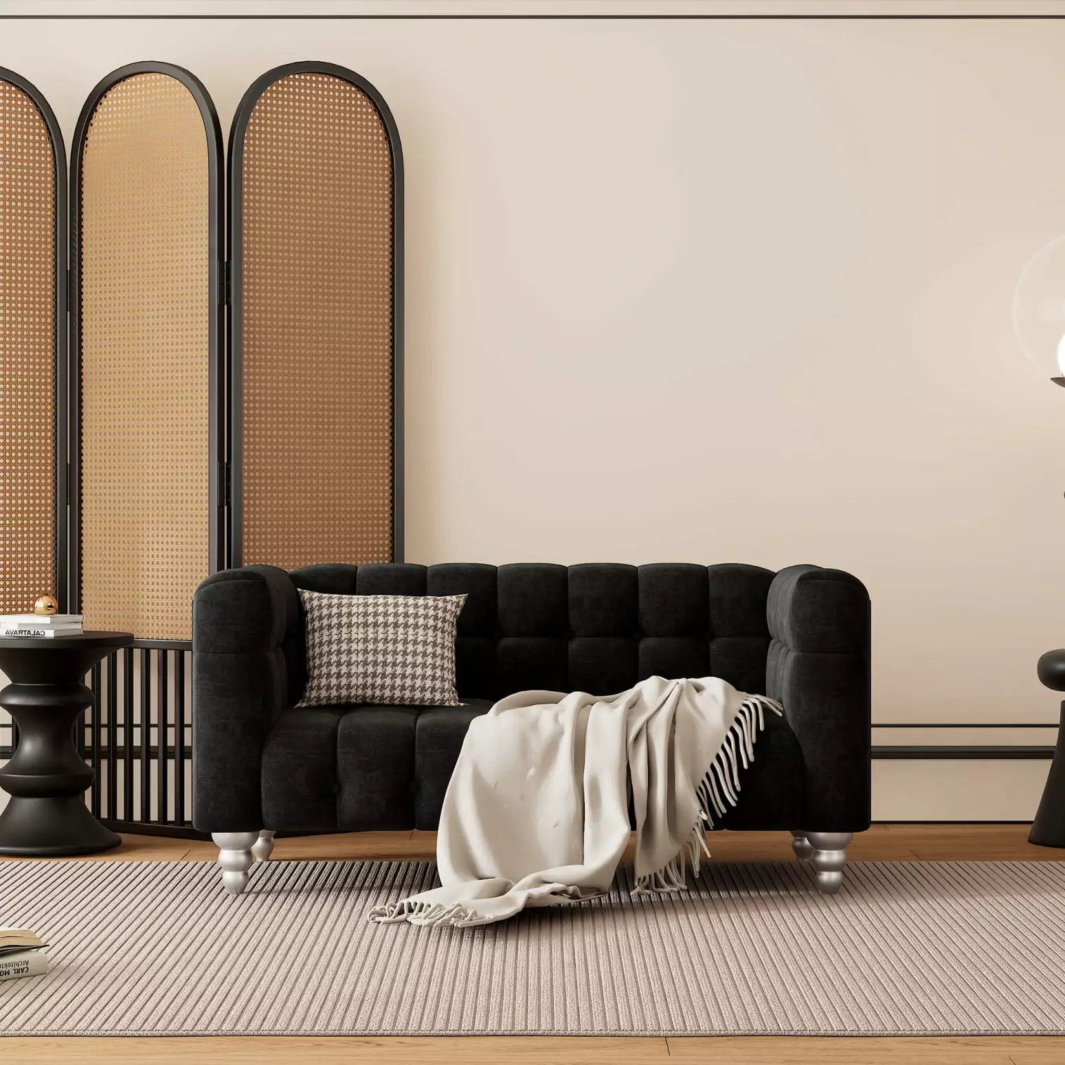 63 Modern Sofa Dutch Fluff Upholstered Design Solid Wood Legs Elegant Buttoned Tufted Backrest Sleek Black Ponnky