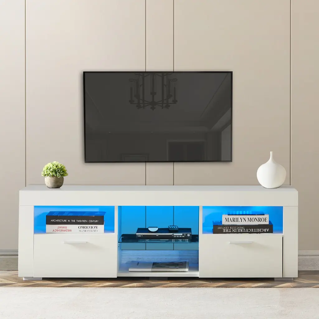 White Modern TV Stand LED Lights High Glossy Front TV Cabinet jxy furniture