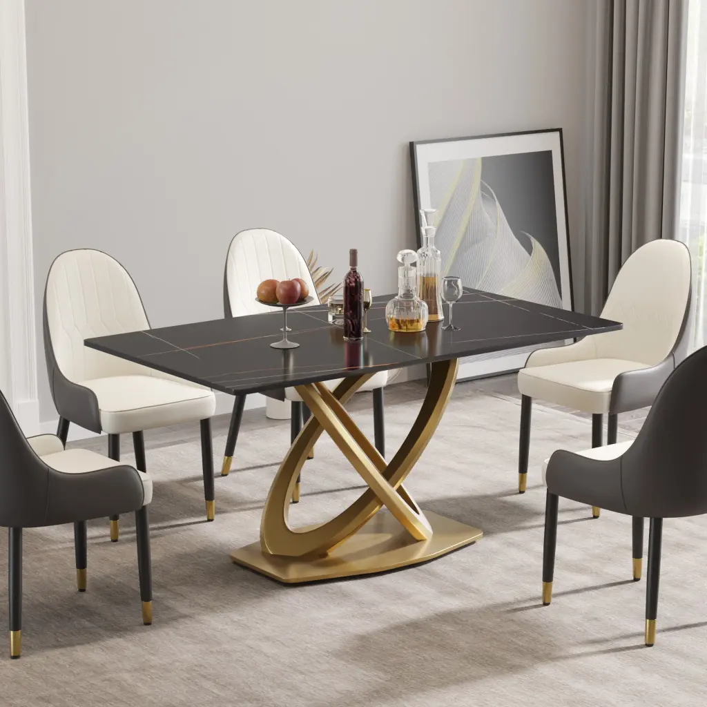 63 Inch Modern Artificial Stone Black Panel Double Ring Stainless Steel Dining Table atunus
