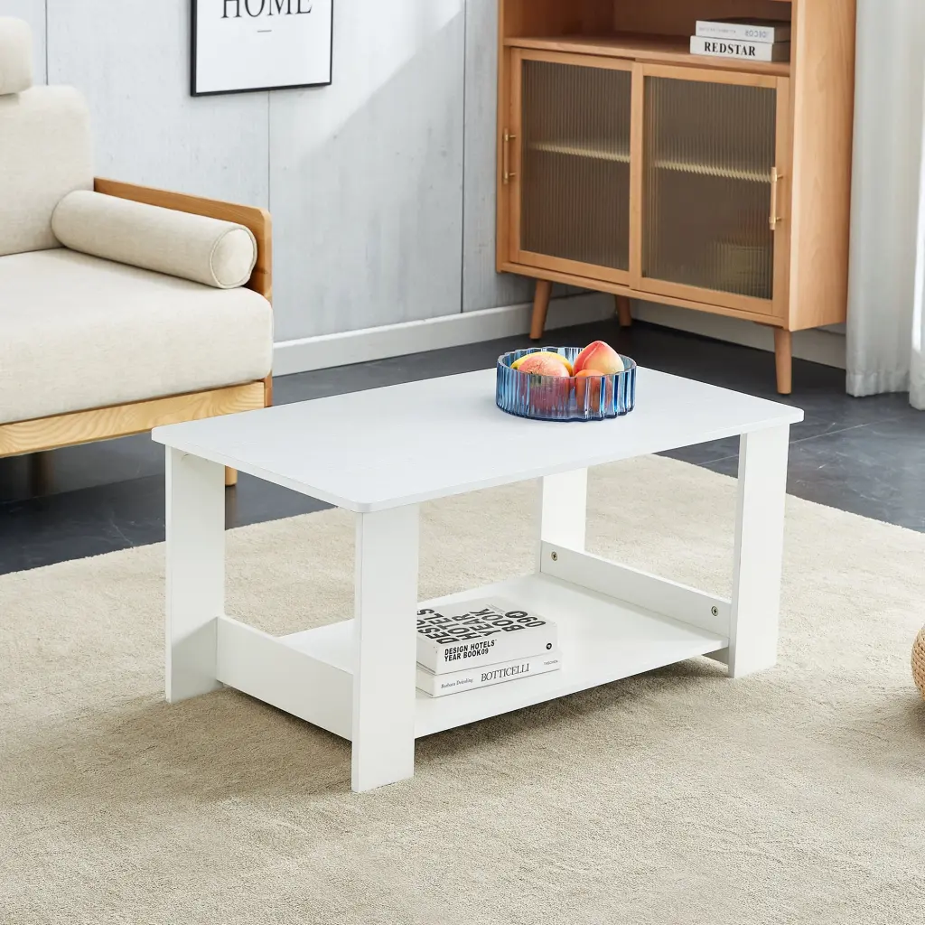 Modern And Minimalist White Double Layered Rectangular Coffee Table droom w-1151