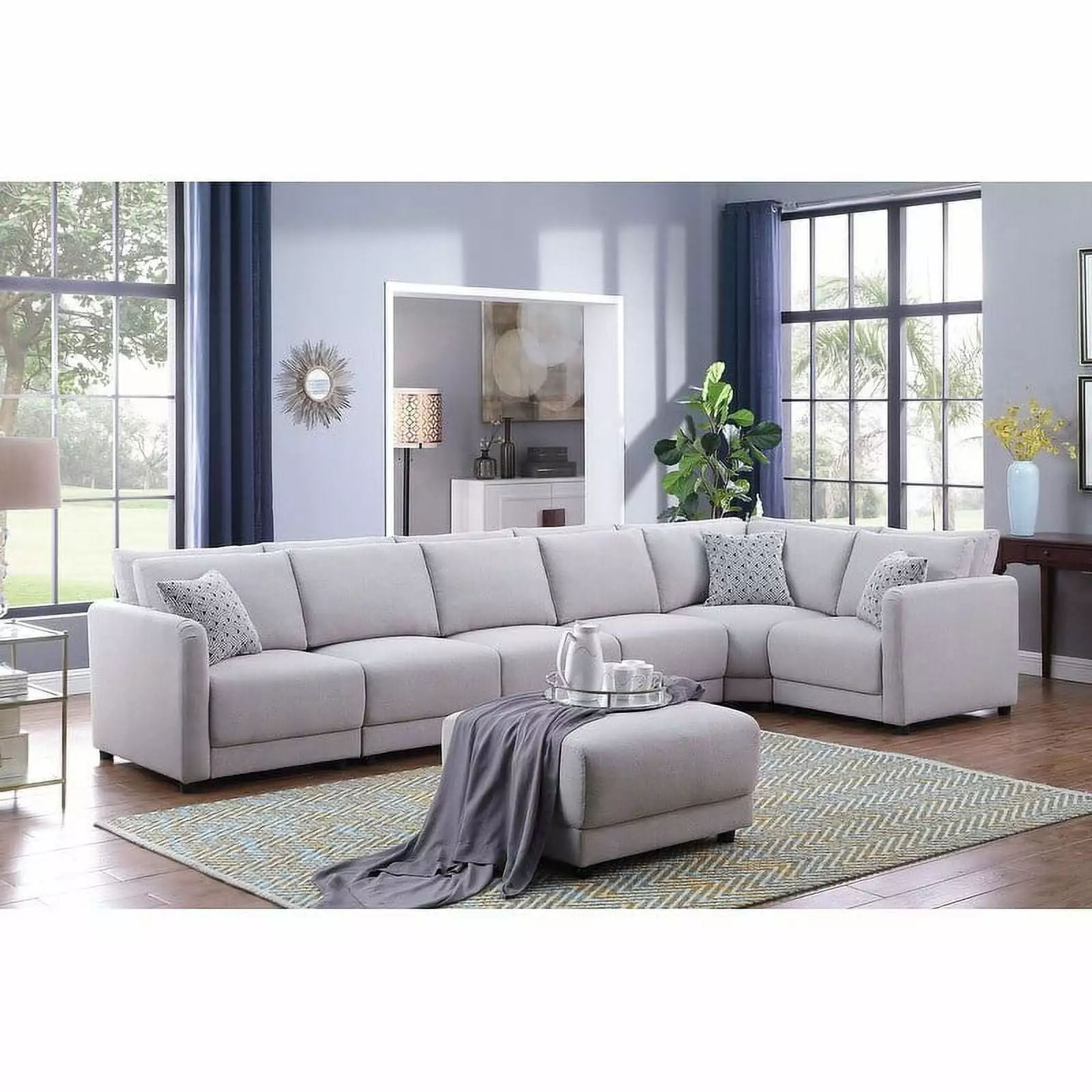 Penelope Light Gray Linen Reversible 7PC Modular Sectional Sofa Ottoman Living Room Bed Bath & Beyond