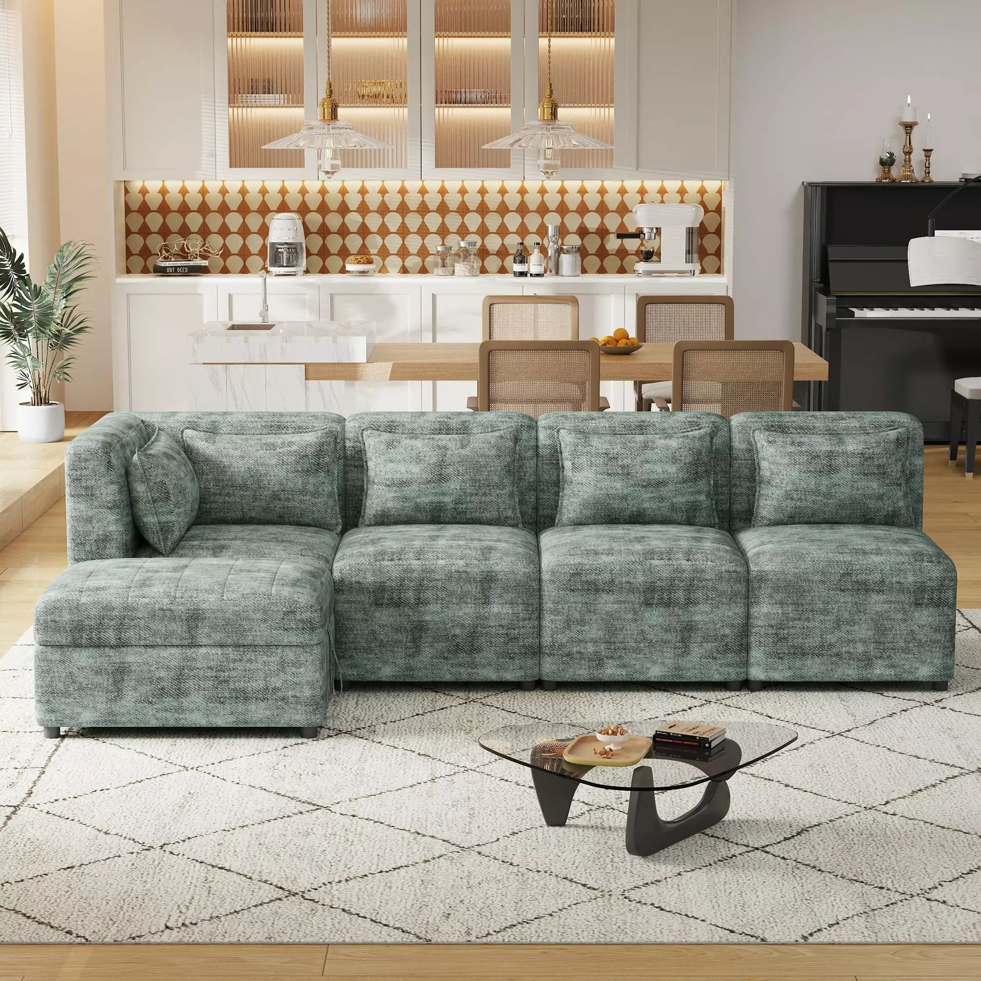Free-Combined Sectional Sofa 5-Seater Modular Couch Storage Ottoman and 5 Pillows, Blue Green Living Room Sofa CNCJ