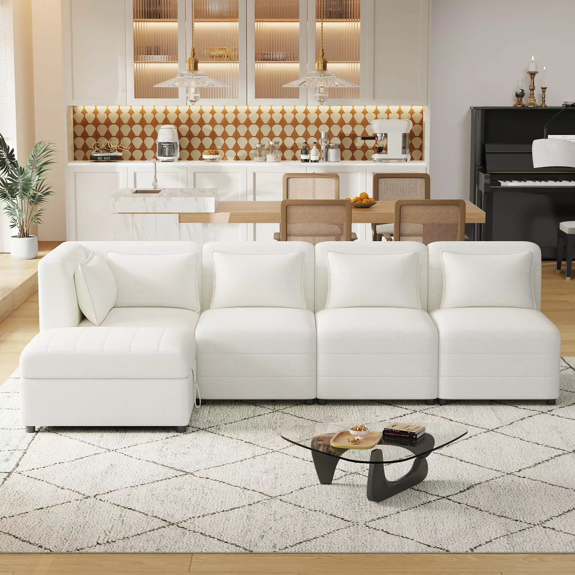 Free-Combined Sectional Sofa 5-Seater Modular Couch Storage Ottoman and 5 Pillows, Cream Living Room Sofa CNCJ