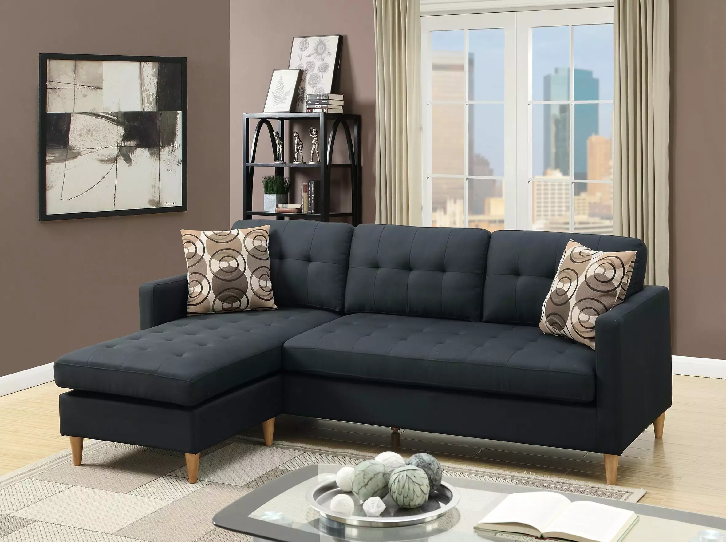 DeeHome Black Polyfiber Sectional Sofa Reversible Chaise Tufted Back Modular Living Room Furniture