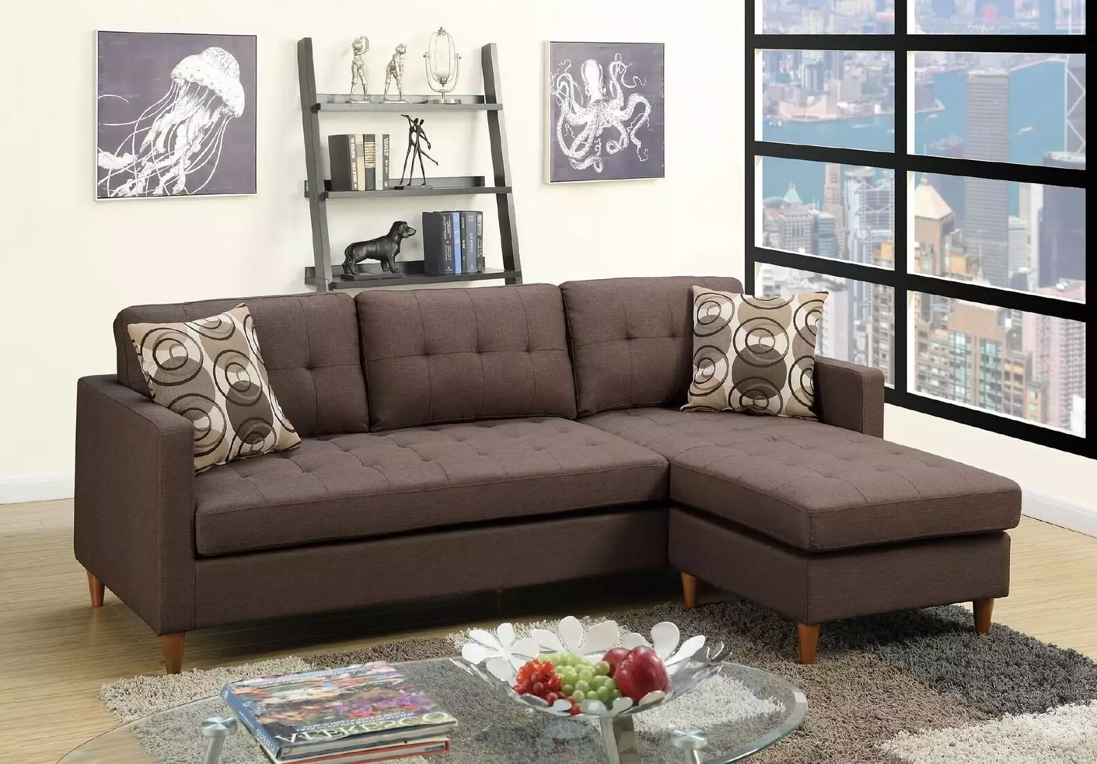 DeeHome Chocolate Polyfiber Sectional Sofa Reversible Chaise Tufted Back Modular Living Room Furniture