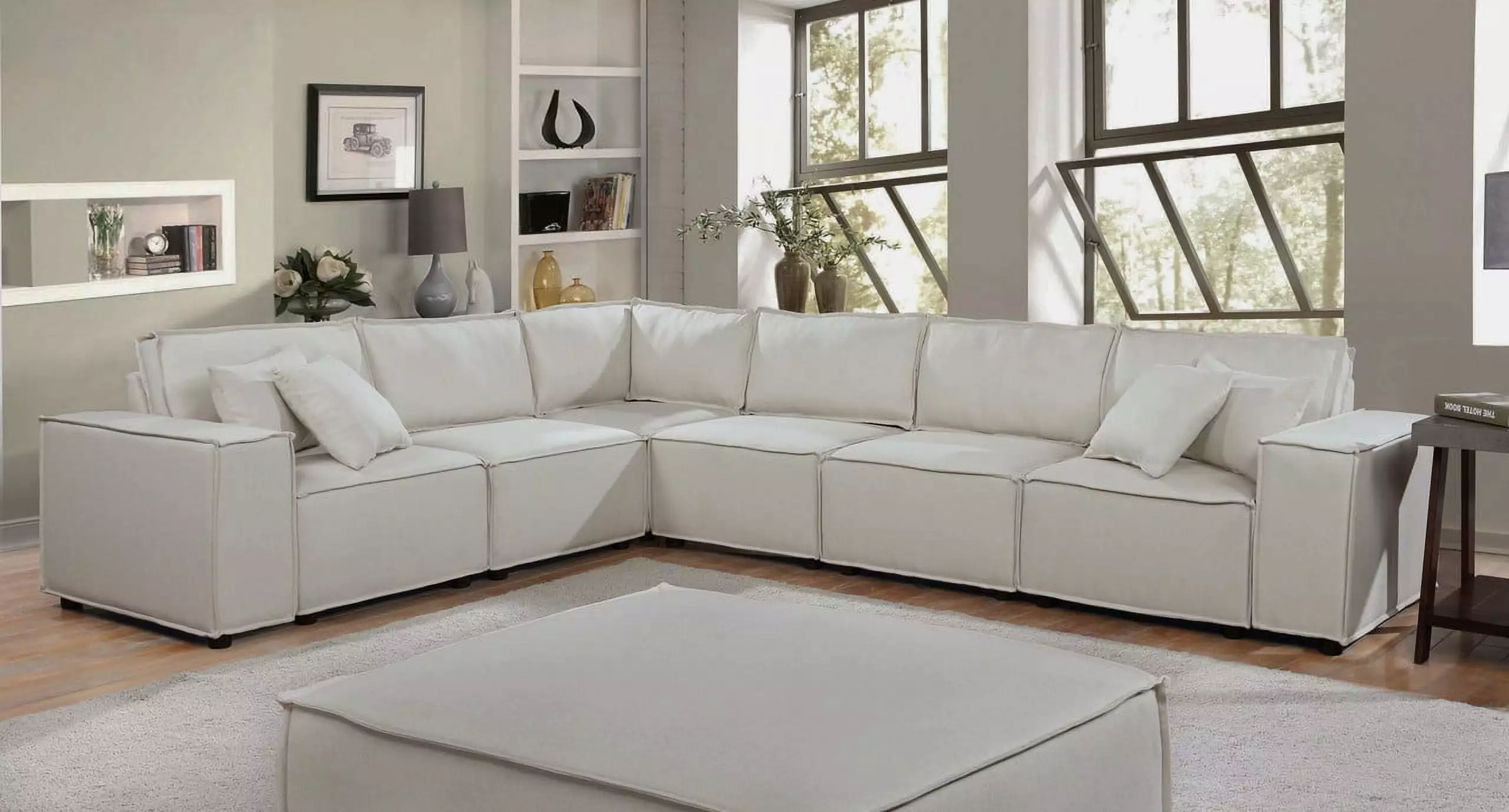 DeeHome Janelle 127.5 Modular Sectional Sofa Beige Linen Living Room