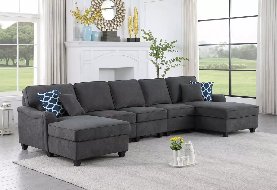DeeHome Leo Modular Sectional Sofa 5 Piece Dark Gray Woven Fabric Double Chaise Living Room Set