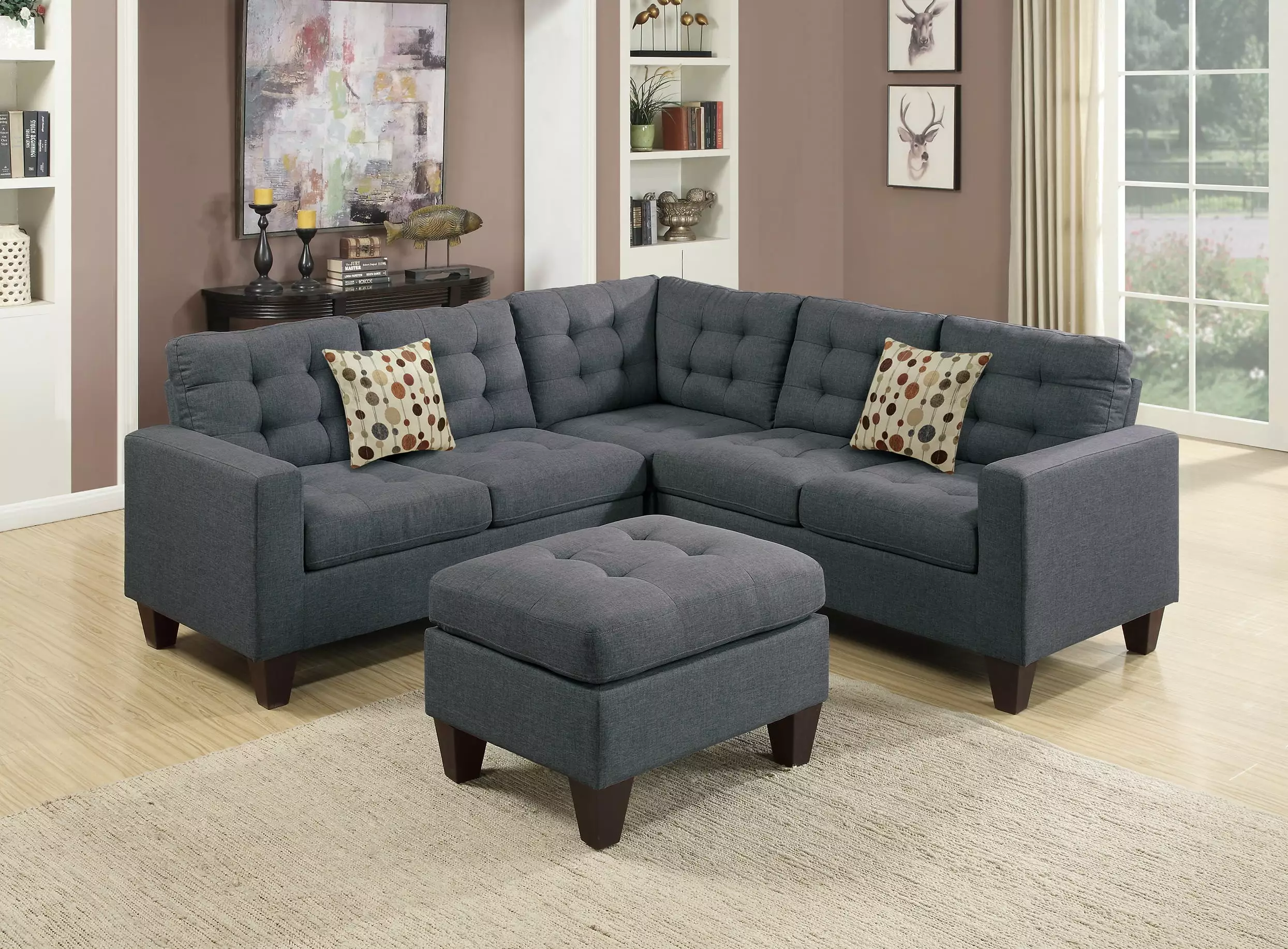 Modern Blue Grey 4 Piece Modular Sectional Sofa Set Tufted Ottoman Esofastore