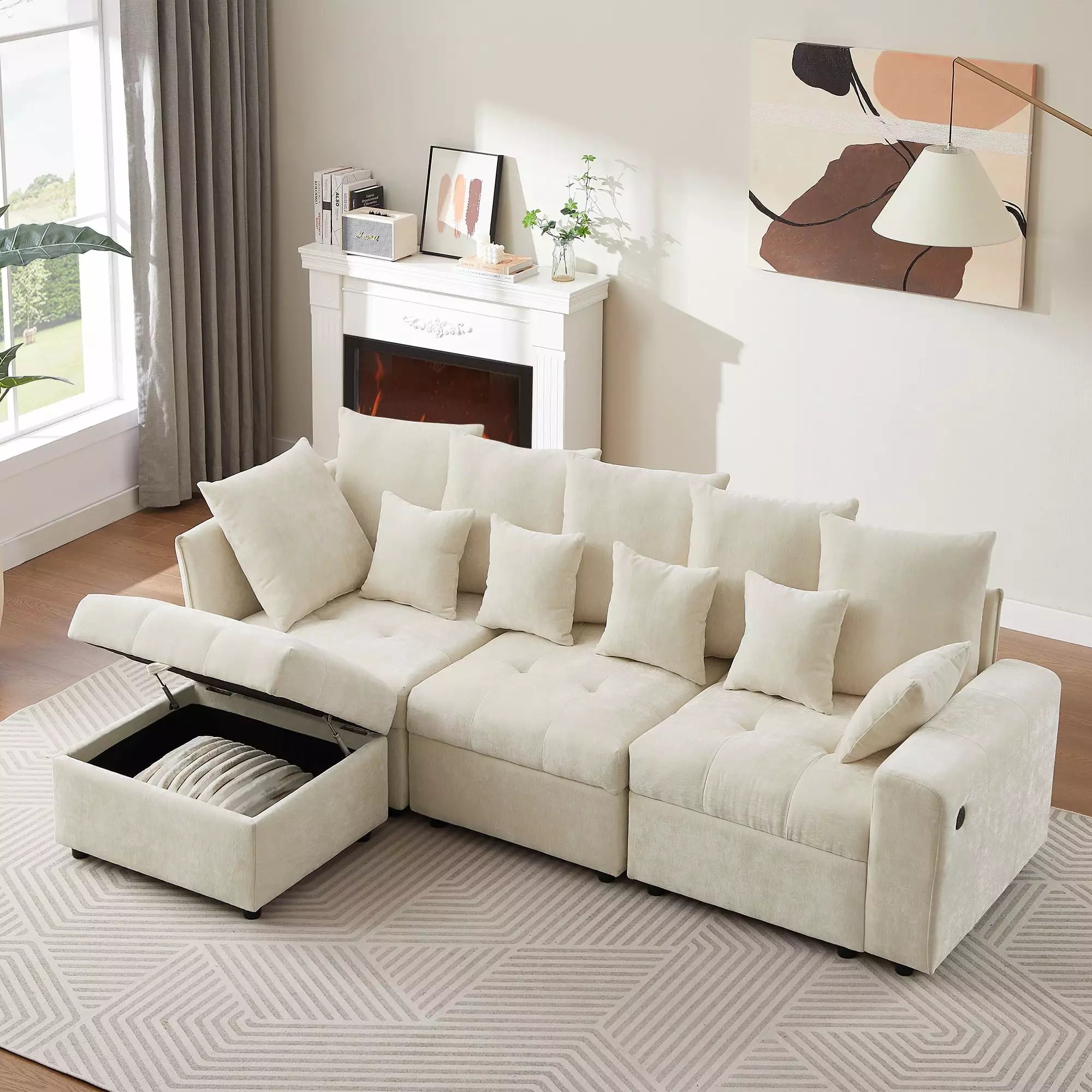 96.45 Inch Sectional Sofa USB Ports Removable Storage Ottoman and Back Pillows Beige Ghislaine